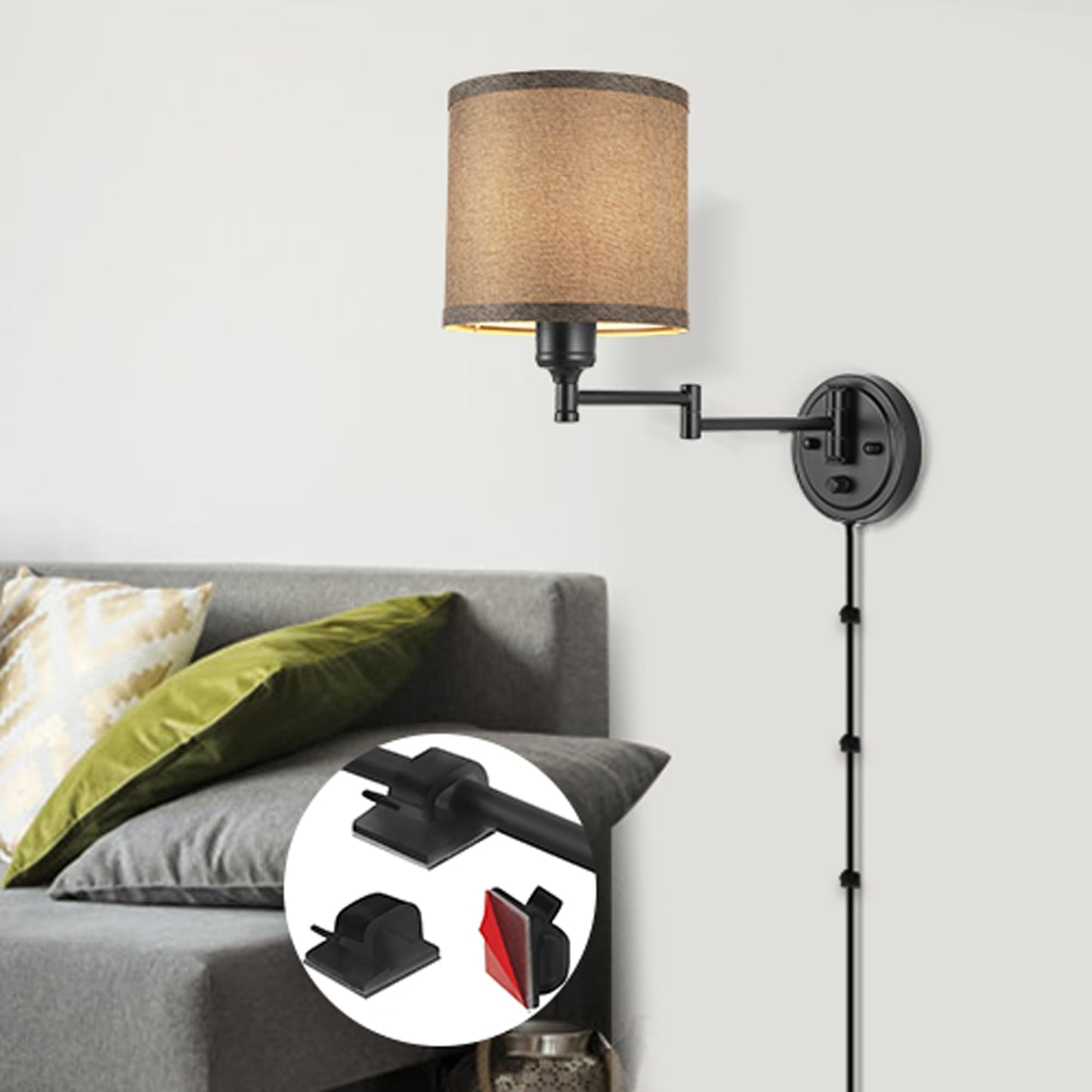 Plug in Wall Sconces with Remote Control, Dimming 10%-100% & Adjustable Colors 2700K-6500K, Hardwire or Plug-in, Swing Arm Wall Lamp with Linen Fabric Shade, Wall Sconces Set of Two, Black Finish