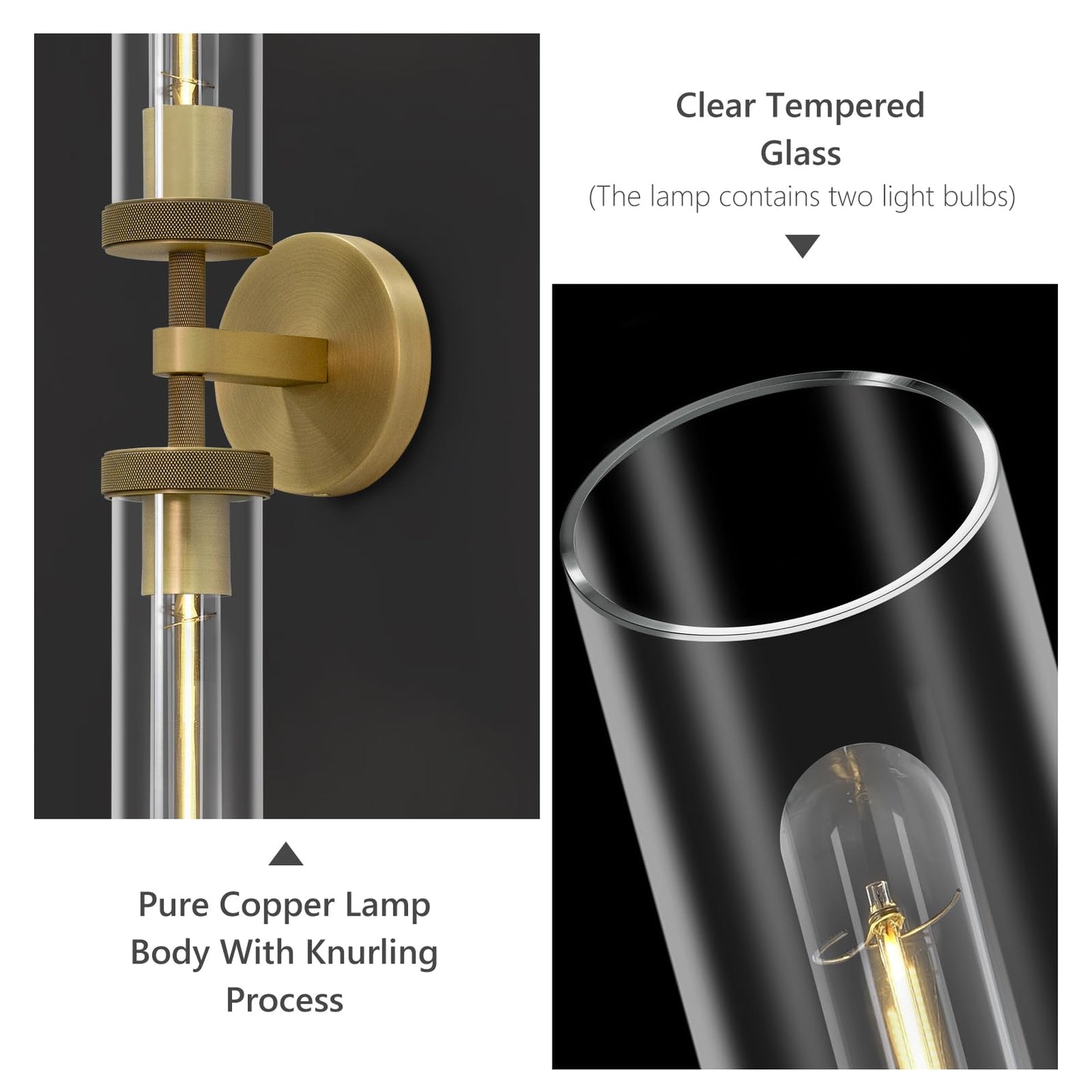 Brass Wall Sconces Set of Two, 19" Knurled Gold Sconces Wall Lighting, Tube Glass Bathroom Sconces Wall Lights for Bedroom Living Room Vanity Sconce Wall Lamp for Hallway, Staircase