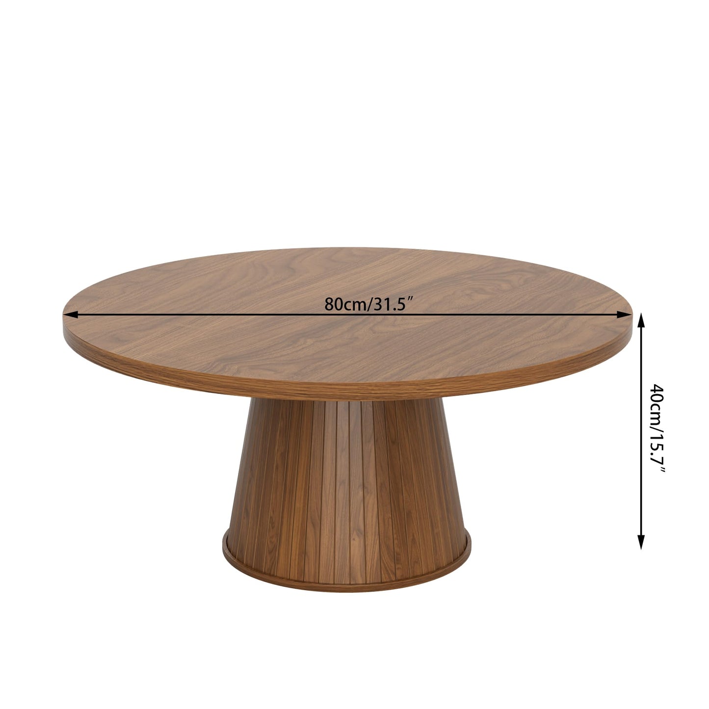 Fluted Round Coffee Table, Mid Century Modern Coffee Table, Small Walnut Circle Center Table, Brown, Farmhouse Wood, for Living Room, 31.5 Inches, Rustic, Easy Assembly