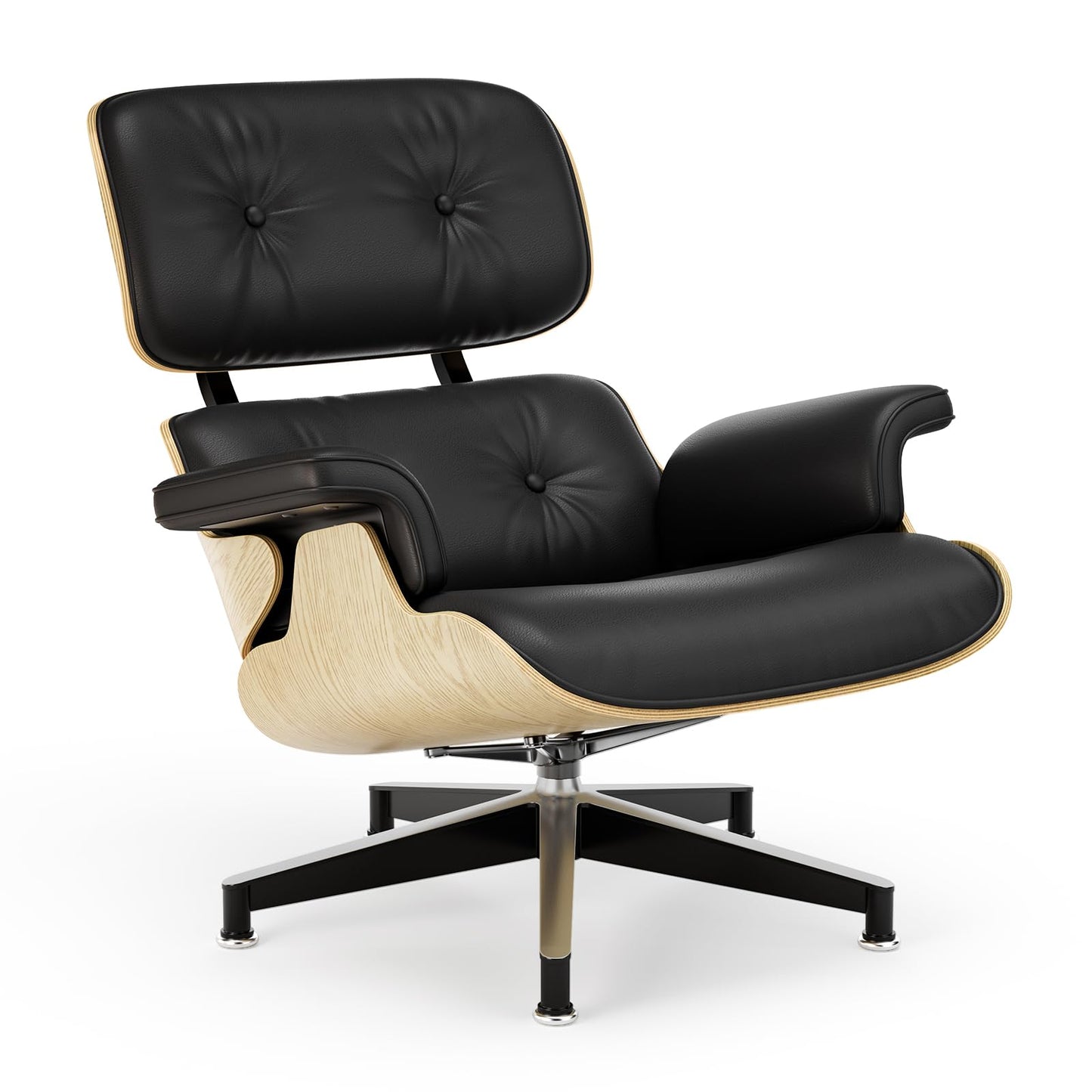Top Black Grain Leather, Mid Century Chaise Lounge Chair and Ottoman, Modern Chair Classic Design, Walnut Wood, Heavy Duty Base Support for Living Room Office