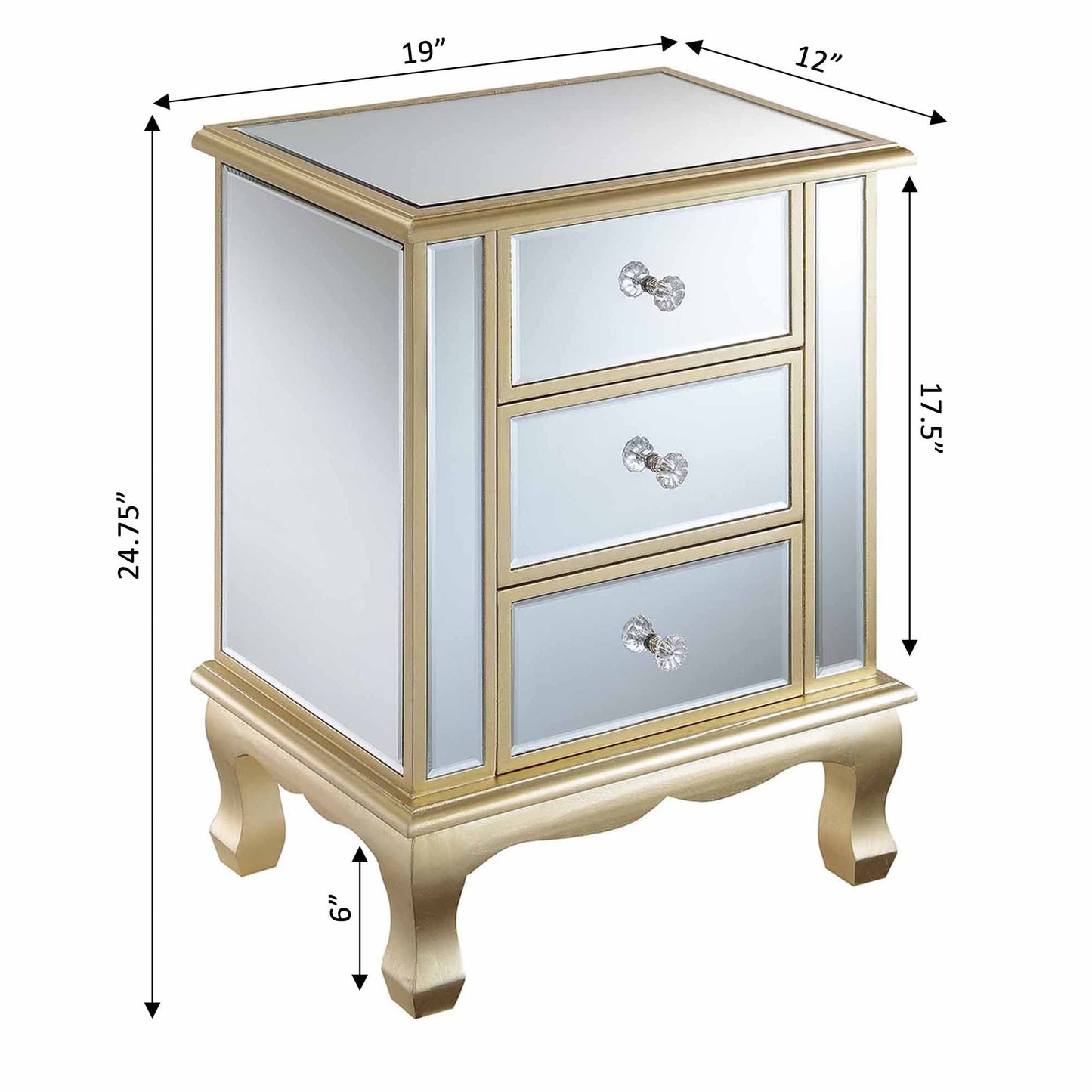 Convenience Concepts Gold Coast Vineyard Mirrored End Table 19" - Living Room Table with 3 Drawers for Storage, Nightstand Side Table, Weathered White/Mirror