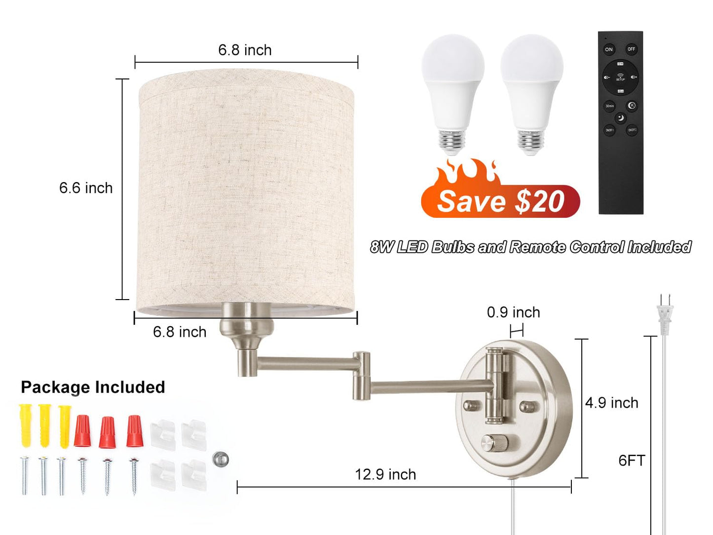 Plug in Wall Sconces with Remote Control, Dimming 10%-100% & Adjustable Colors 2700K-6500K, Hardwire or Plug-in, Swing Arm Wall Lamp with Linen Fabric Shade, Wall Sconces Set of Two, Black Finish