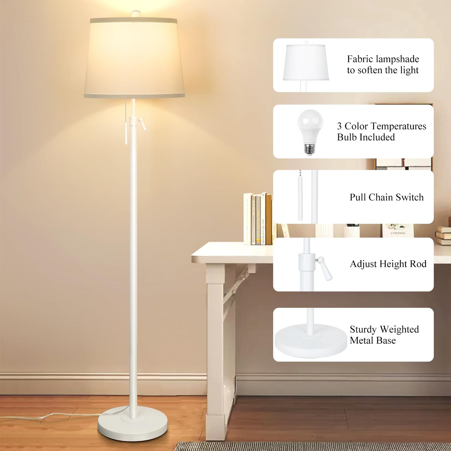 Floor Lamp for Living Room,Adjustable Height Standing Lamp,Dimmable Modern Floor Lamps for Bedroom Office Tall Floor Lights with Pull Chain Bulb Included-Silver Gray Shade