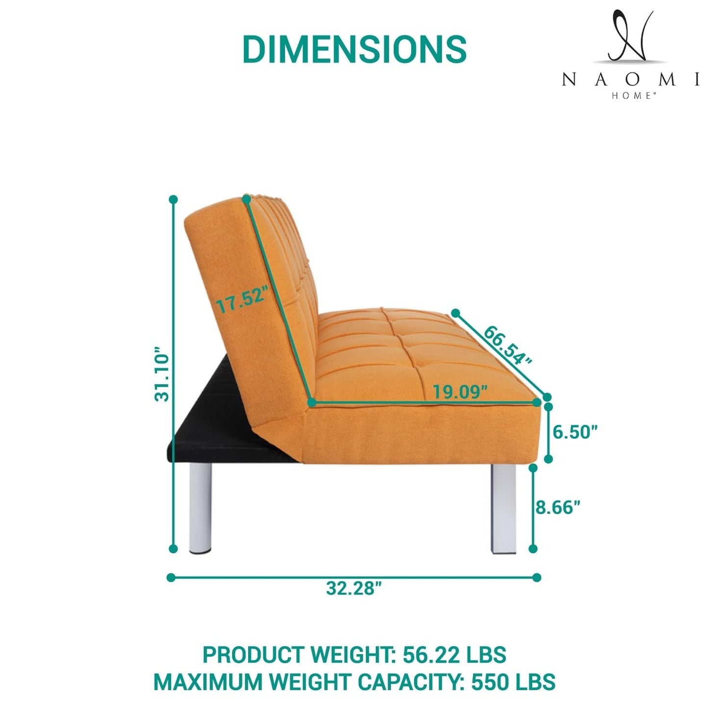 Naomi Home Madison Futon Sofa Bed, Tan Linen, 3-Position Convertible, Space-Saving, 66.14" W