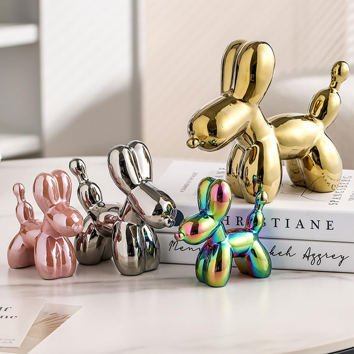 Electroplating Ceramics Balloon Dog Statue Crafts Living Room Desktop Decorations,Handmade Modern Small Ceramic Animal Statue Ornament Home Decor Accents (Dazzling, 5.1 Inch)