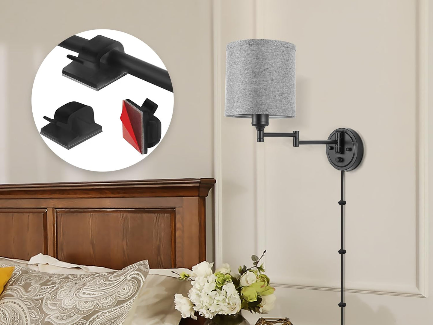 Plug in Wall Sconces with Remote Control, Dimming 10%-100% & Adjustable Colors 2700K-6500K, Hardwire or Plug-in, Swing Arm Wall Lamp with Linen Fabric Shade, Wall Sconces Set of Two, Black Finish