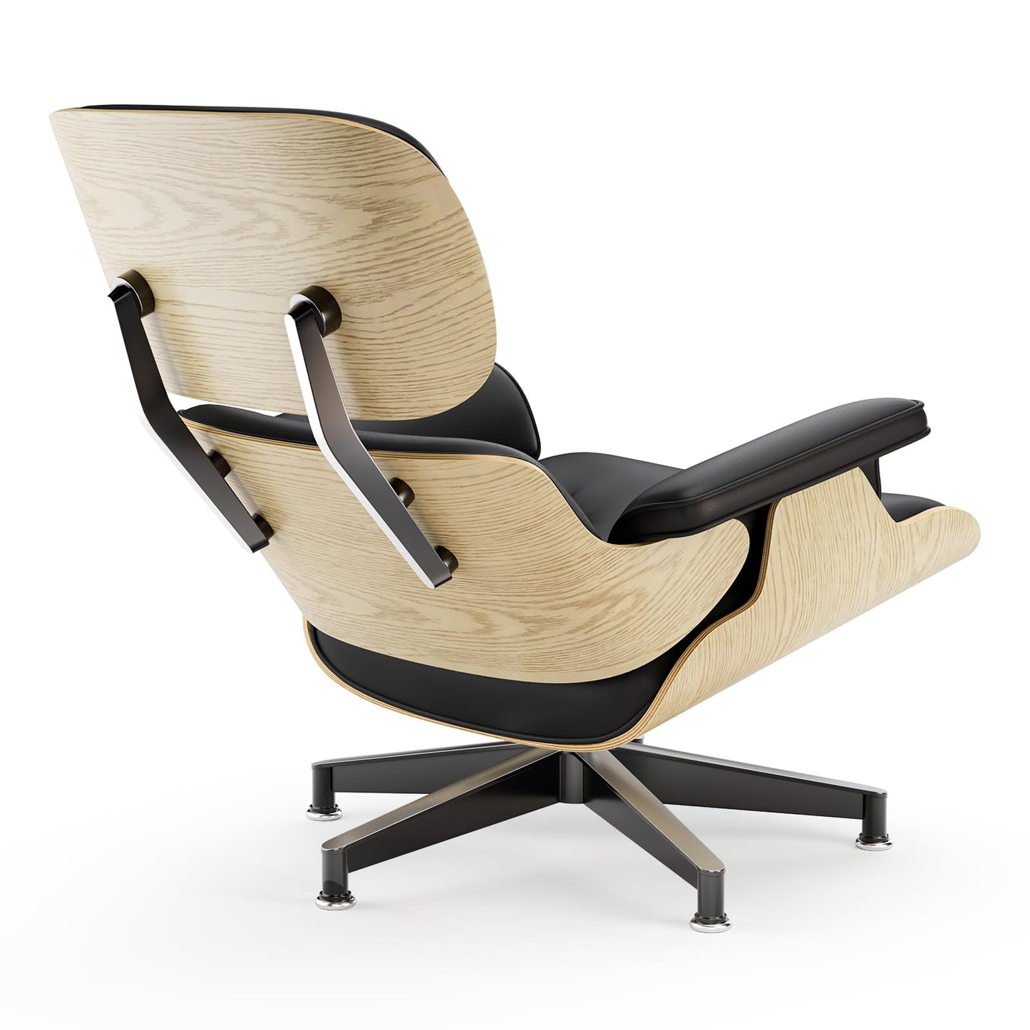 Top Black Grain Leather, Mid Century Chaise Lounge Chair and Ottoman, Modern Chair Classic Design, Walnut Wood, Heavy Duty Base Support for Living Room Office