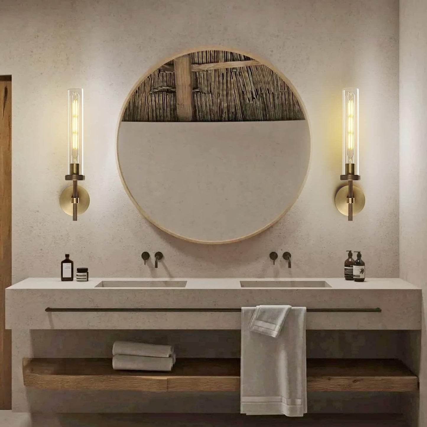 Brass Wall Sconces Set of Two, 19" Knurled Gold Sconces Wall Lighting, Tube Glass Bathroom Sconces Wall Lights for Bedroom Living Room Vanity Sconce Wall Lamp for Hallway, Staircase