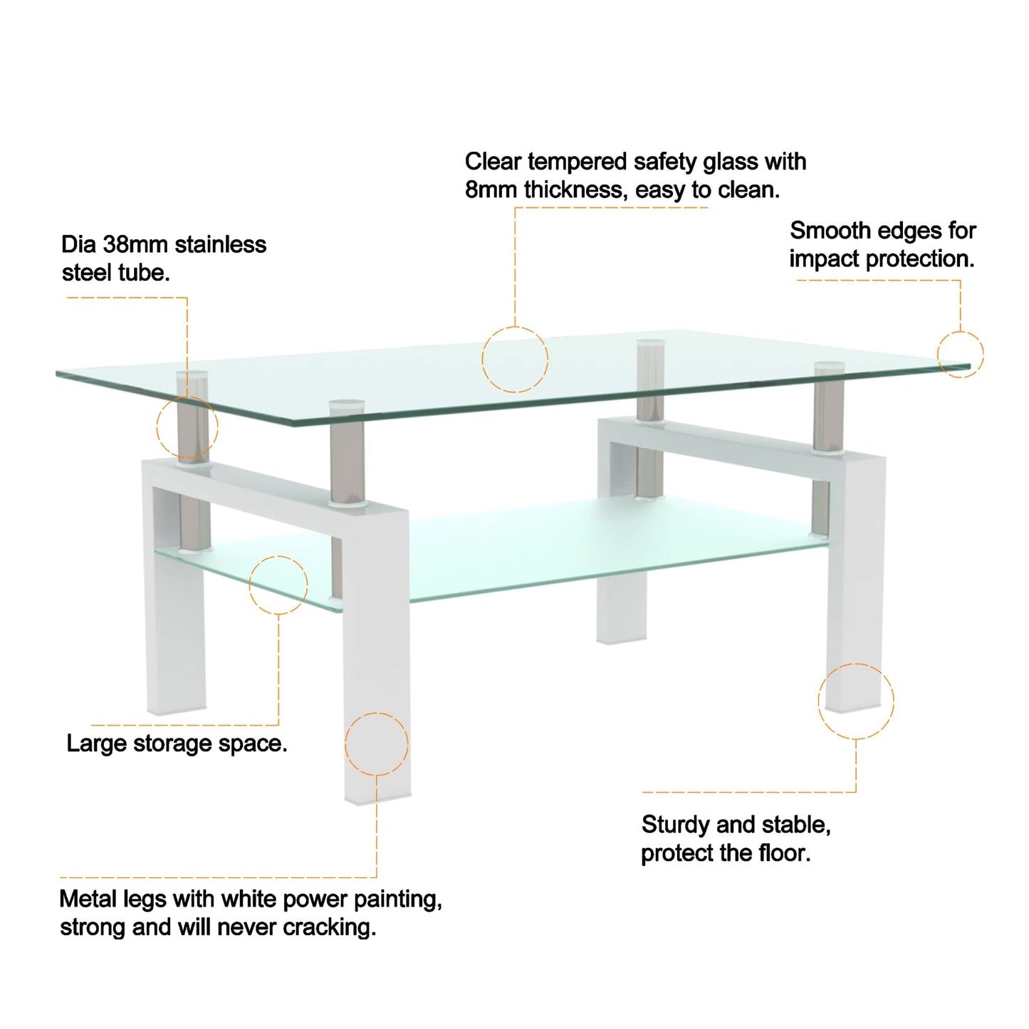 Meihua Tempered Glass Coffee Table for Living Room, Clear Center Table with 0.47 inch Tempered Glass, Transparent Modern Coffee Table