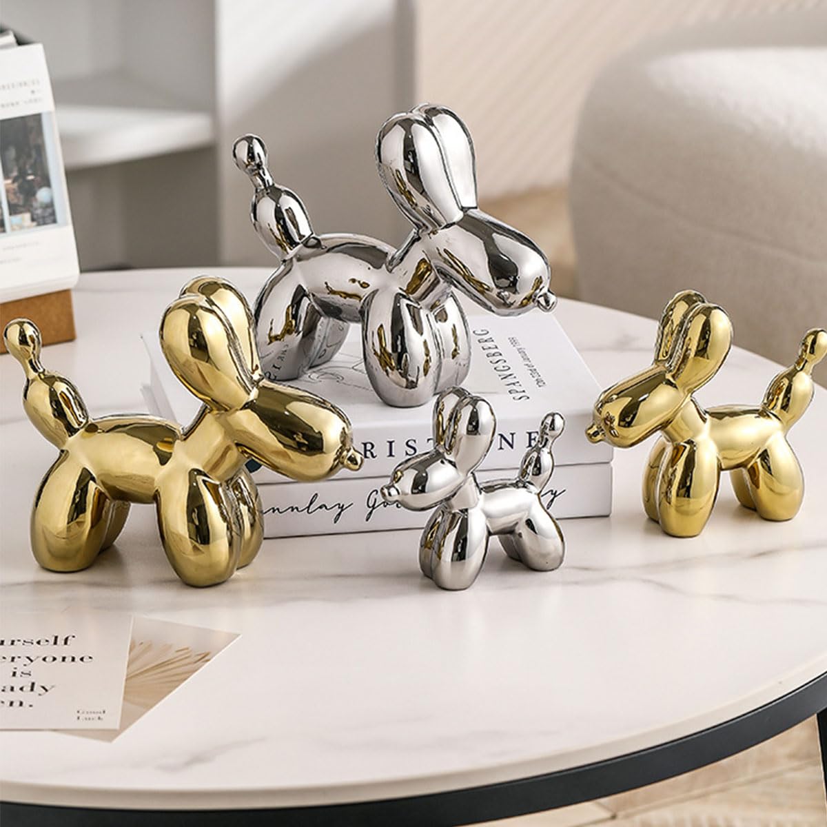 Electroplating Ceramics Balloon Dog Statue Crafts Living Room Desktop Decorations,Handmade Modern Small Ceramic Animal Statue Ornament Home Decor Accents (Dazzling, 5.1 Inch)