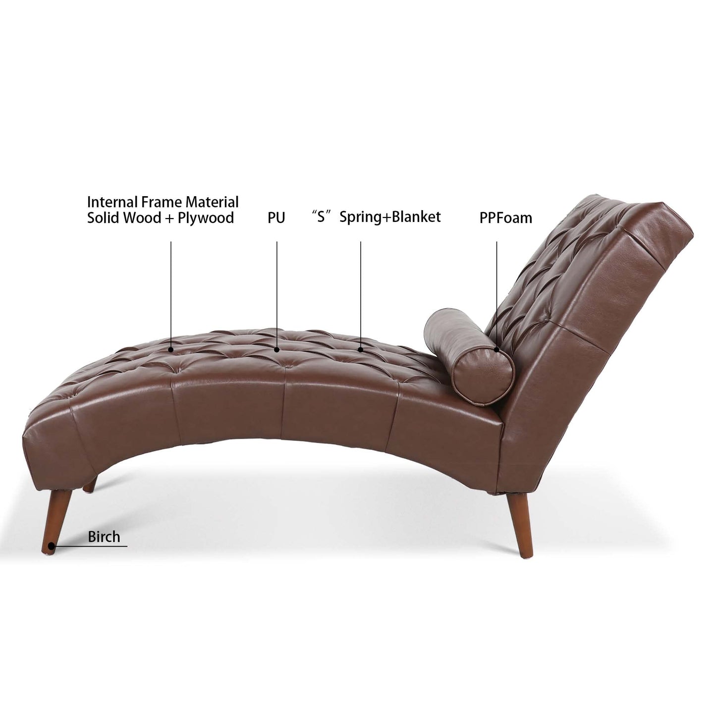 HomSof Modern ArmLess Chaise Lounge Indoor Black Upholstered Reclining Chair with Rolled Accent Pillow and Solid Wood Legs