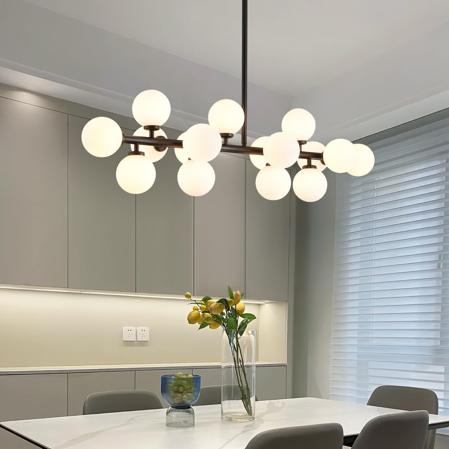 CROSSIO Modern Linear Chandeliers Black 16 Lights Pendant Light Fixtures Bubble Glass Chandelier Mid Century Sputnik Chandelier for Kitchen Island Dining Room