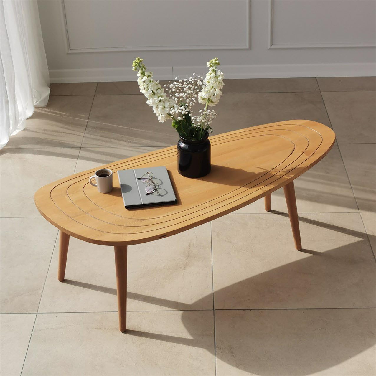 Solid Wood Oval Coffee Table, Engraved Wooden Center Table, Modern Surfboard Table, Mid Century Aesthetic Low Coffee Table, Vintage Living Room Furniture (Walnut)