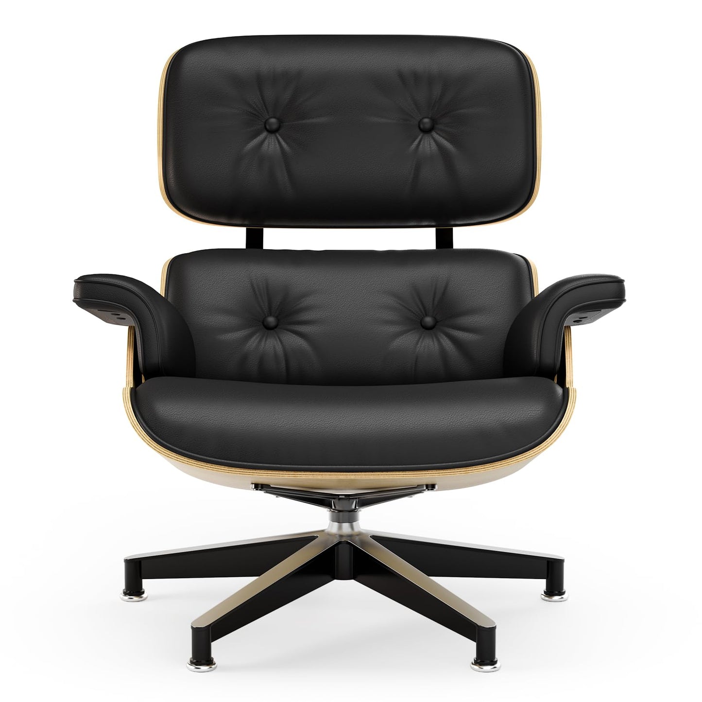 Top Black Grain Leather, Mid Century Chaise Lounge Chair and Ottoman, Modern Chair Classic Design, Walnut Wood, Heavy Duty Base Support for Living Room Office