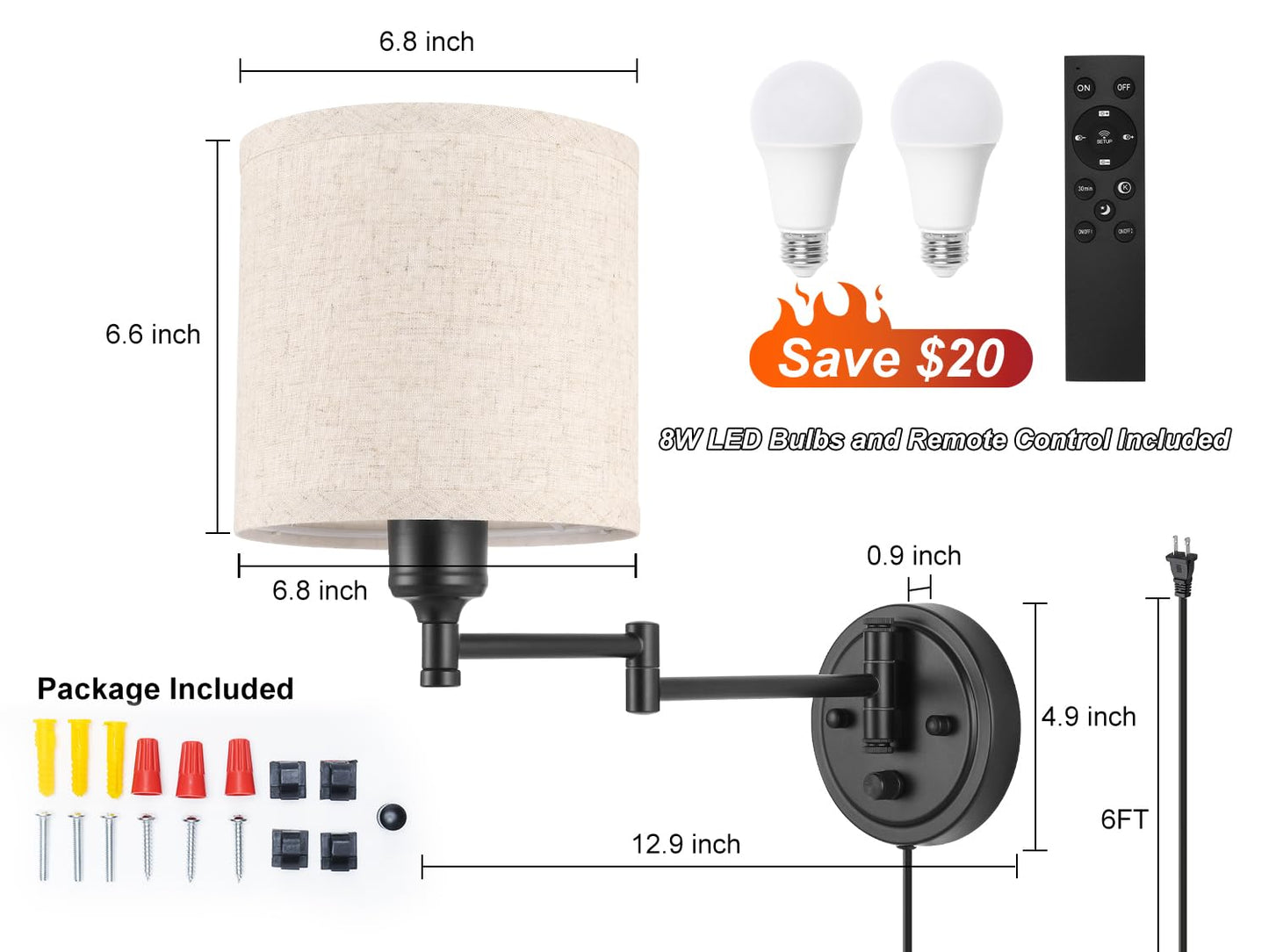 Plug in Wall Sconces with Remote Control, Dimming 10%-100% & Adjustable Colors 2700K-6500K, Hardwire or Plug-in, Swing Arm Wall Lamp with Linen Fabric Shade, Wall Sconces Set of Two, Black Finish