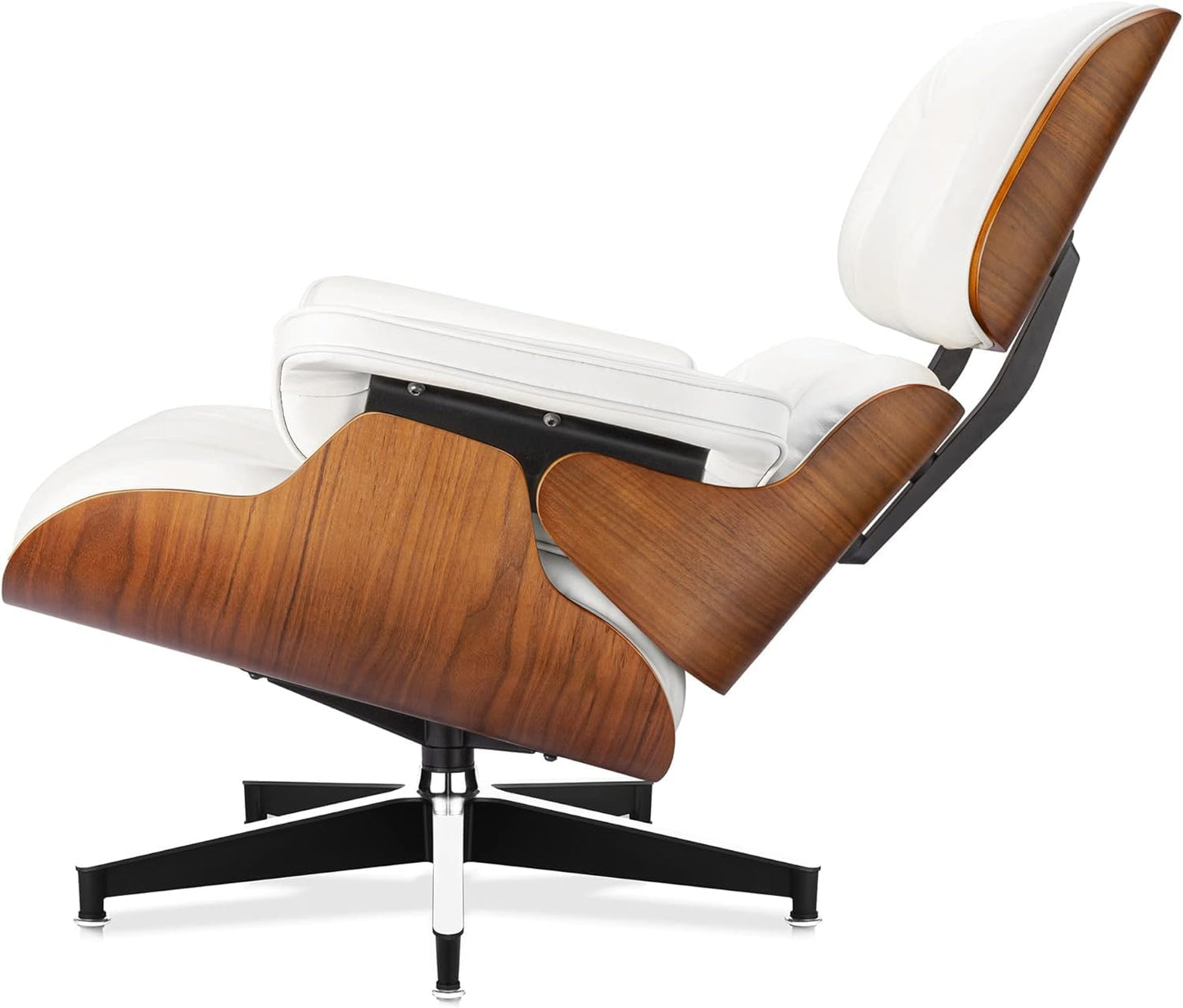 Top Black Grain Leather, Mid Century Chaise Lounge Chair and Ottoman, Modern Chair Classic Design, Walnut Wood, Heavy Duty Base Support for Living Room Office