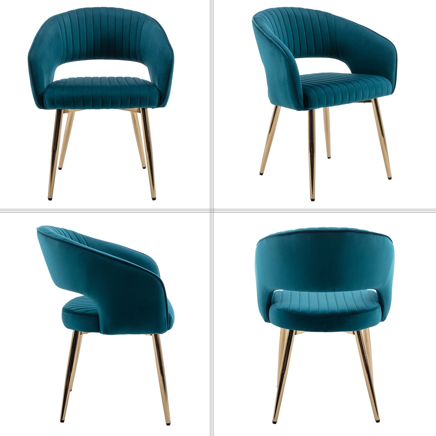 Modern Velvet Dining Chairs Set of 2, Upholstered Gold Dining Chairs with Hollow Back, Dining Room Chairs with Gold Legs, Accent Armrest Kitchen Chairs for Living Room Reception Teal Blue