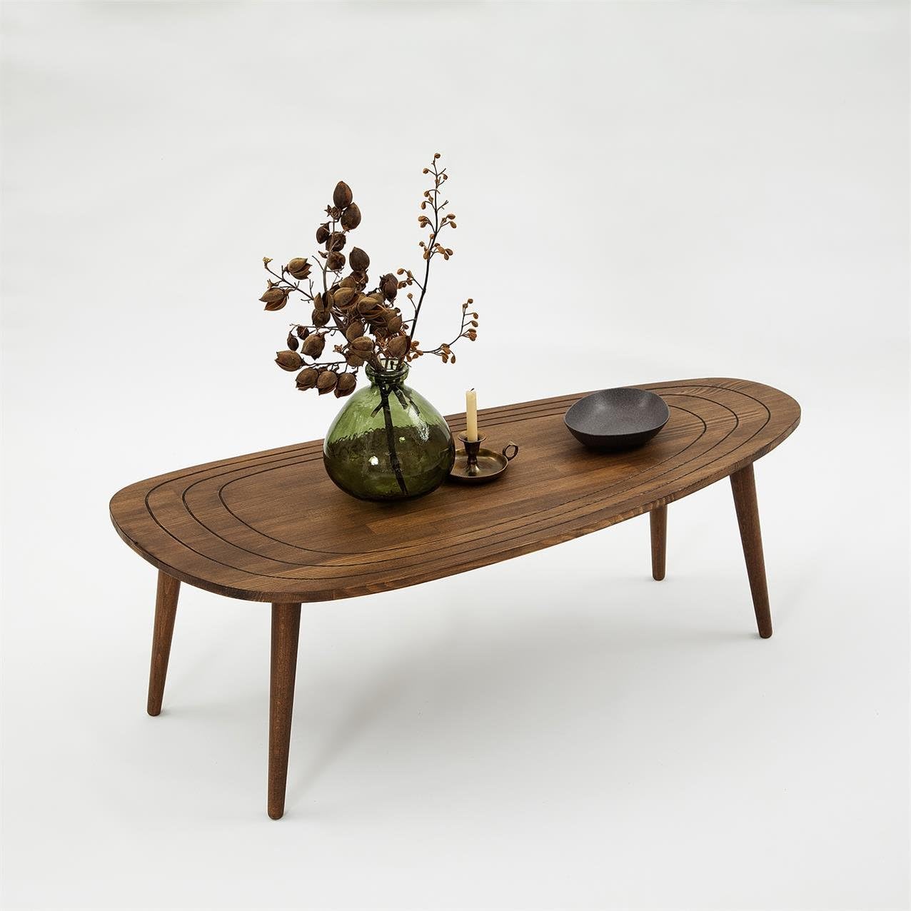Solid Wood Oval Coffee Table, Engraved Wooden Center Table, Modern Surfboard Table, Mid Century Aesthetic Low Coffee Table, Vintage Living Room Furniture (Walnut)