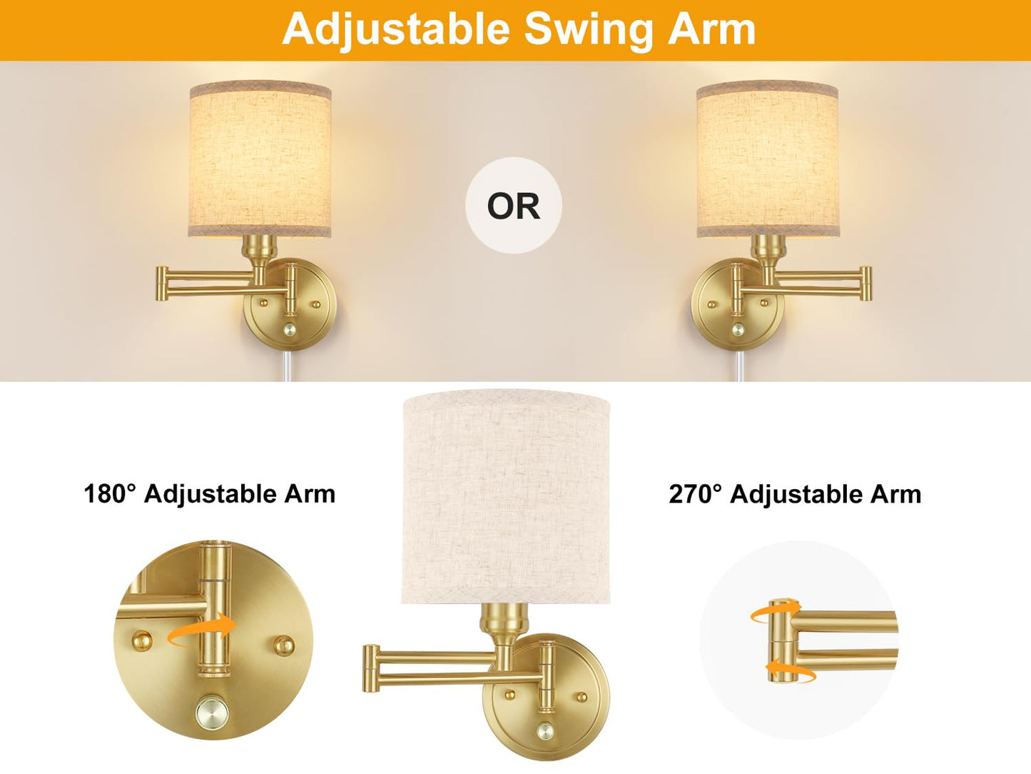 Plug in Wall Sconces with Remote Control, Dimming 10%-100% & Adjustable Colors 2700K-6500K, Hardwire or Plug-in, Swing Arm Wall Lamp with Linen Fabric Shade, Wall Sconces Set of Two, Black Finish