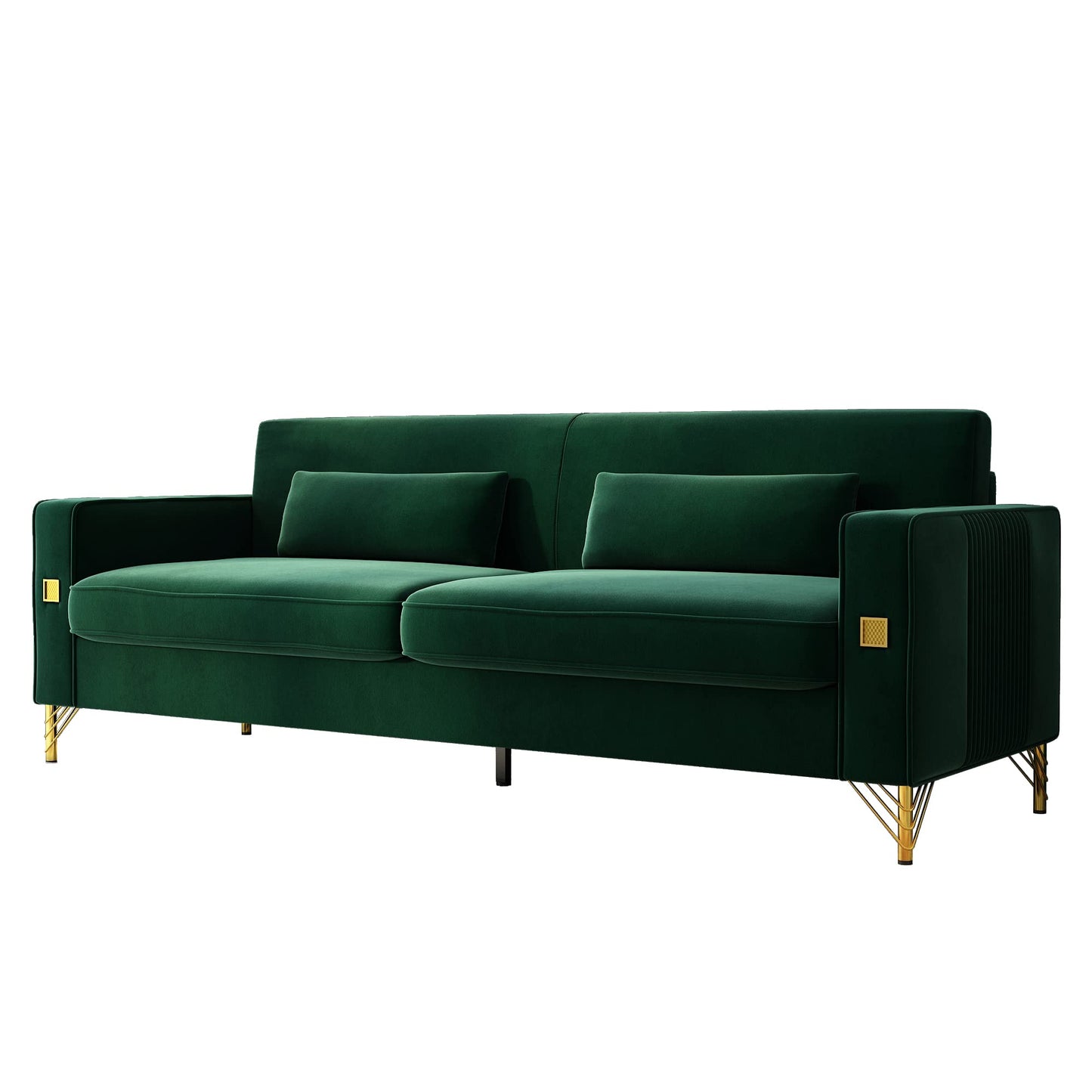 85.63" Velvet Sofa,Modern Loveseat Couch with Pillows Set of 2 for Living Room,Bedroom,Apartment Furniture with Gold Metal Legs (Green)