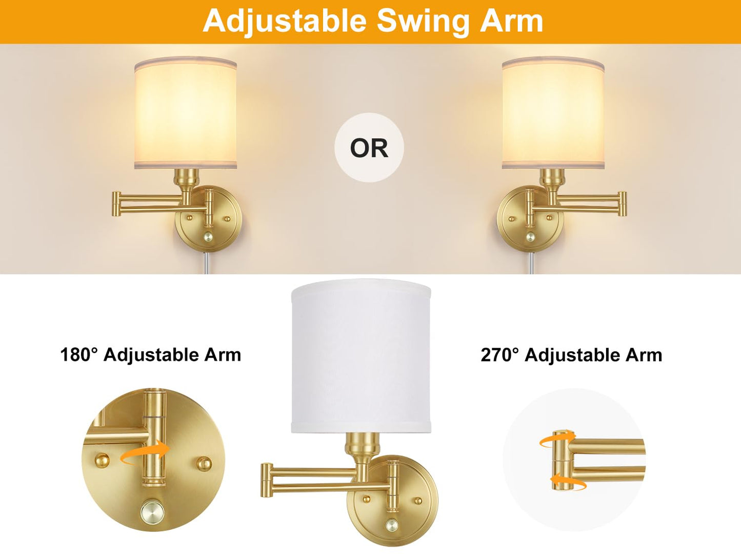 Plug in Wall Sconces with Remote Control, Dimming 10%-100% & Adjustable Colors 2700K-6500K, Hardwire or Plug-in, Swing Arm Wall Lamp with Linen Fabric Shade, Wall Sconces Set of Two, Black Finish