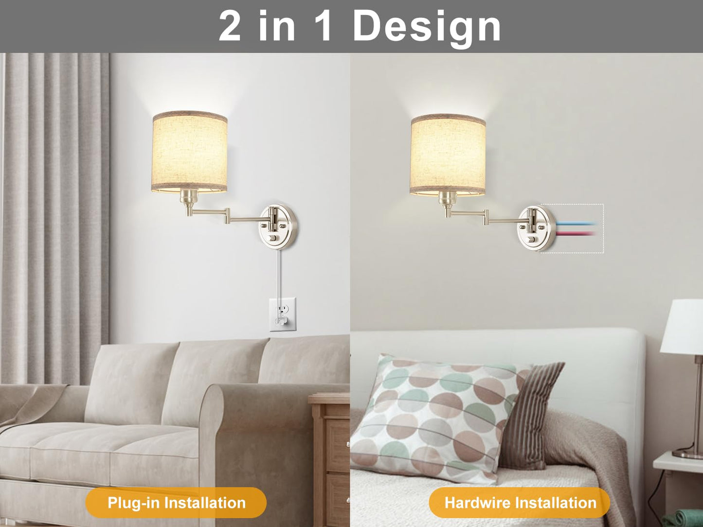 Plug in Wall Sconces with Remote Control, Dimming 10%-100% & Adjustable Colors 2700K-6500K, Hardwire or Plug-in, Swing Arm Wall Lamp with Linen Fabric Shade, Wall Sconces Set of Two, Black Finish
