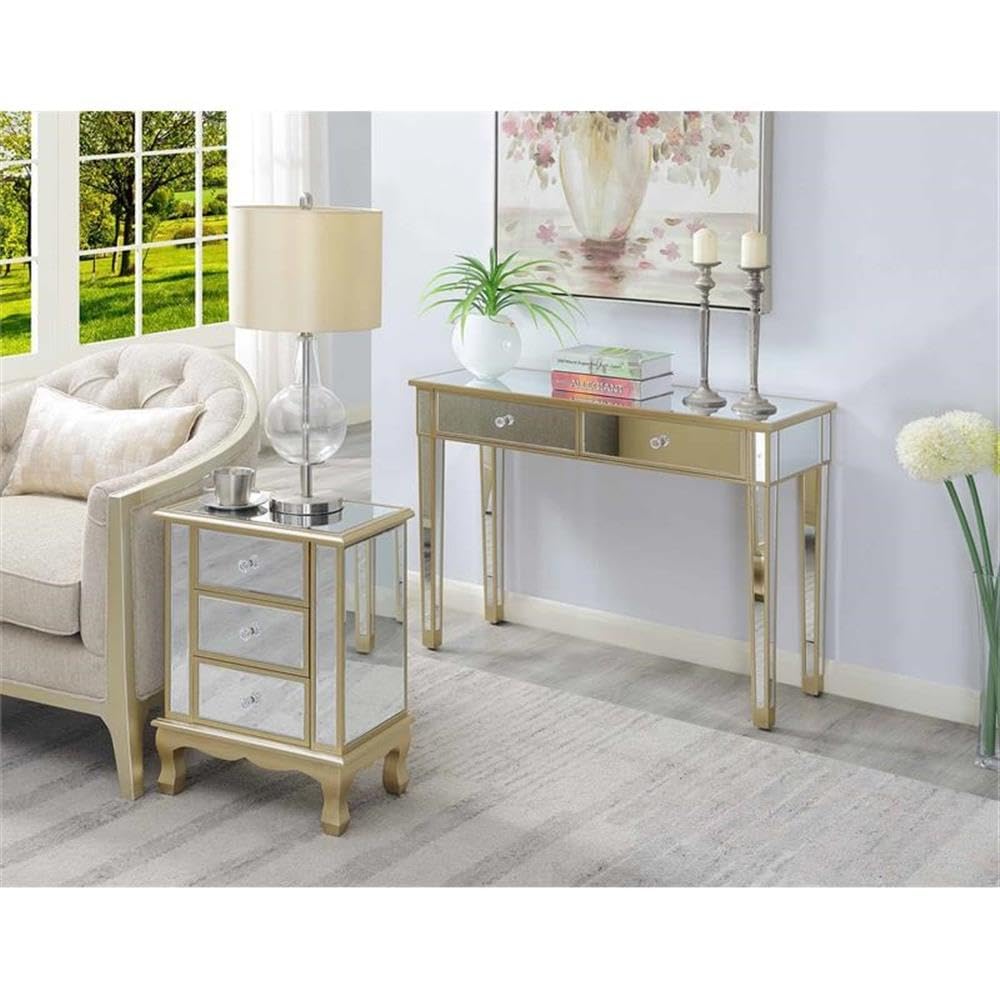 Convenience Concepts Gold Coast Vineyard Mirrored End Table 19" - Living Room Table with 3 Drawers for Storage, Nightstand Side Table, Weathered White/Mirror