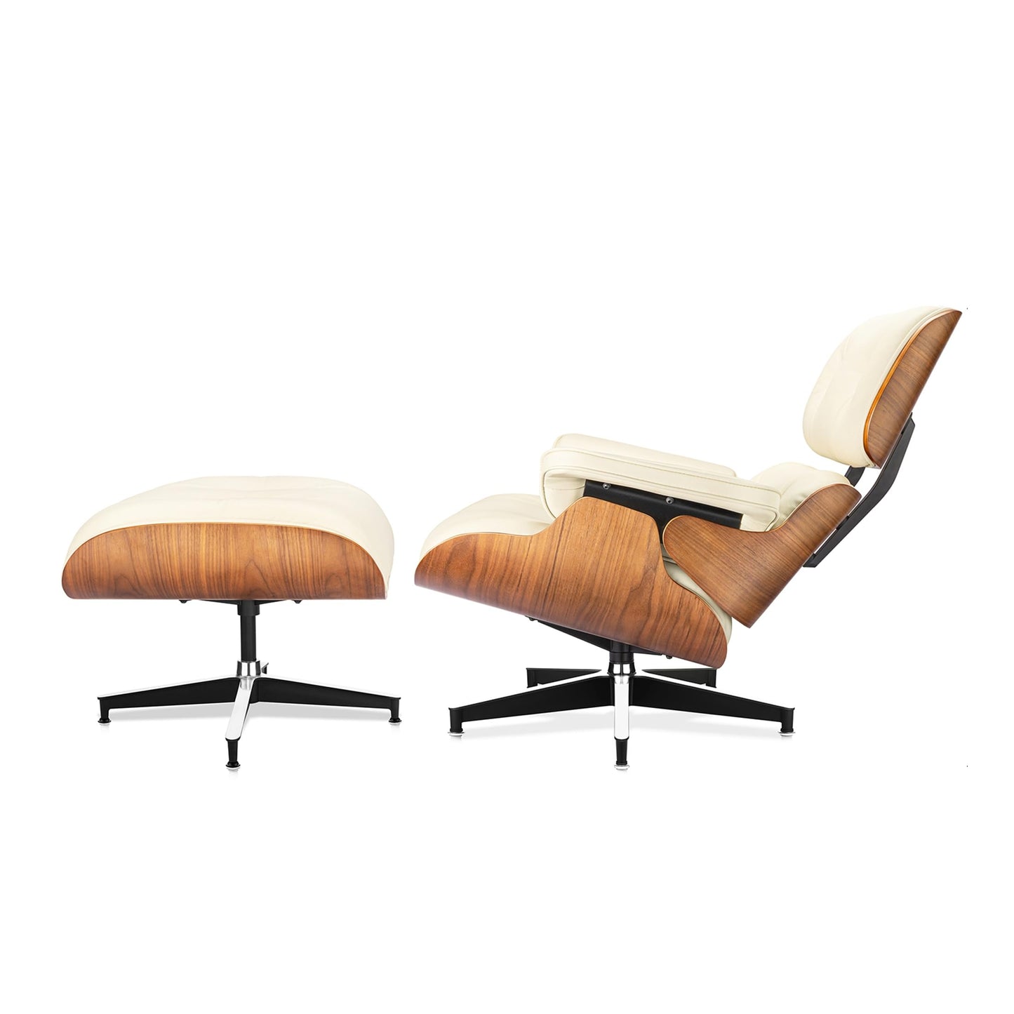 Top Black Grain Leather, Mid Century Chaise Lounge Chair and Ottoman, Modern Chair Classic Design, Walnut Wood, Heavy Duty Base Support for Living Room Office