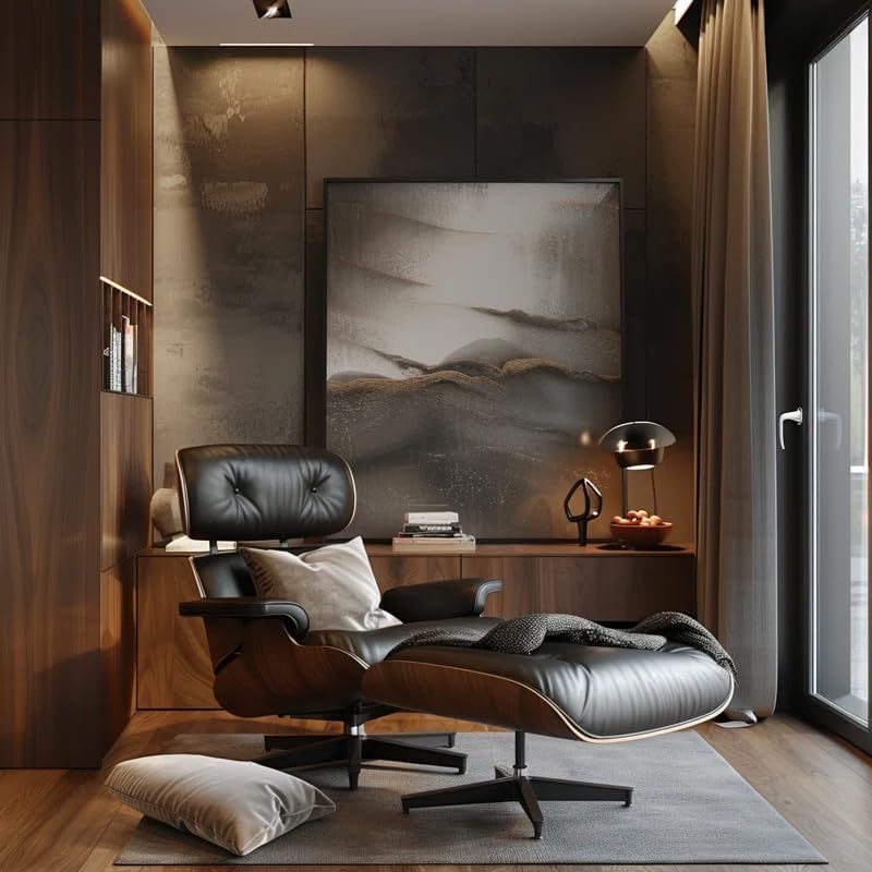 Top Black Grain Leather, Mid Century Chaise Lounge Chair and Ottoman, Modern Chair Classic Design, Walnut Wood, Heavy Duty Base Support for Living Room Office