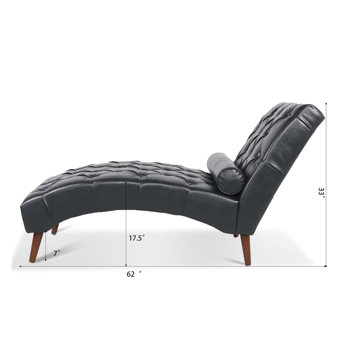 HomSof Modern ArmLess Chaise Lounge Indoor Black Upholstered Reclining Chair with Rolled Accent Pillow and Solid Wood Legs