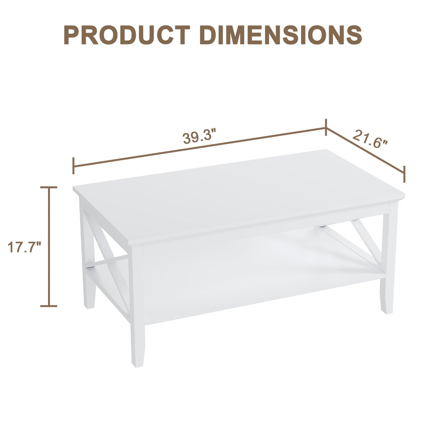 ChooChoo White Coffee Table Classic X Design for Living Room, Rectangular Modern Cocktail Table with Storage Shelf, 39 Inch