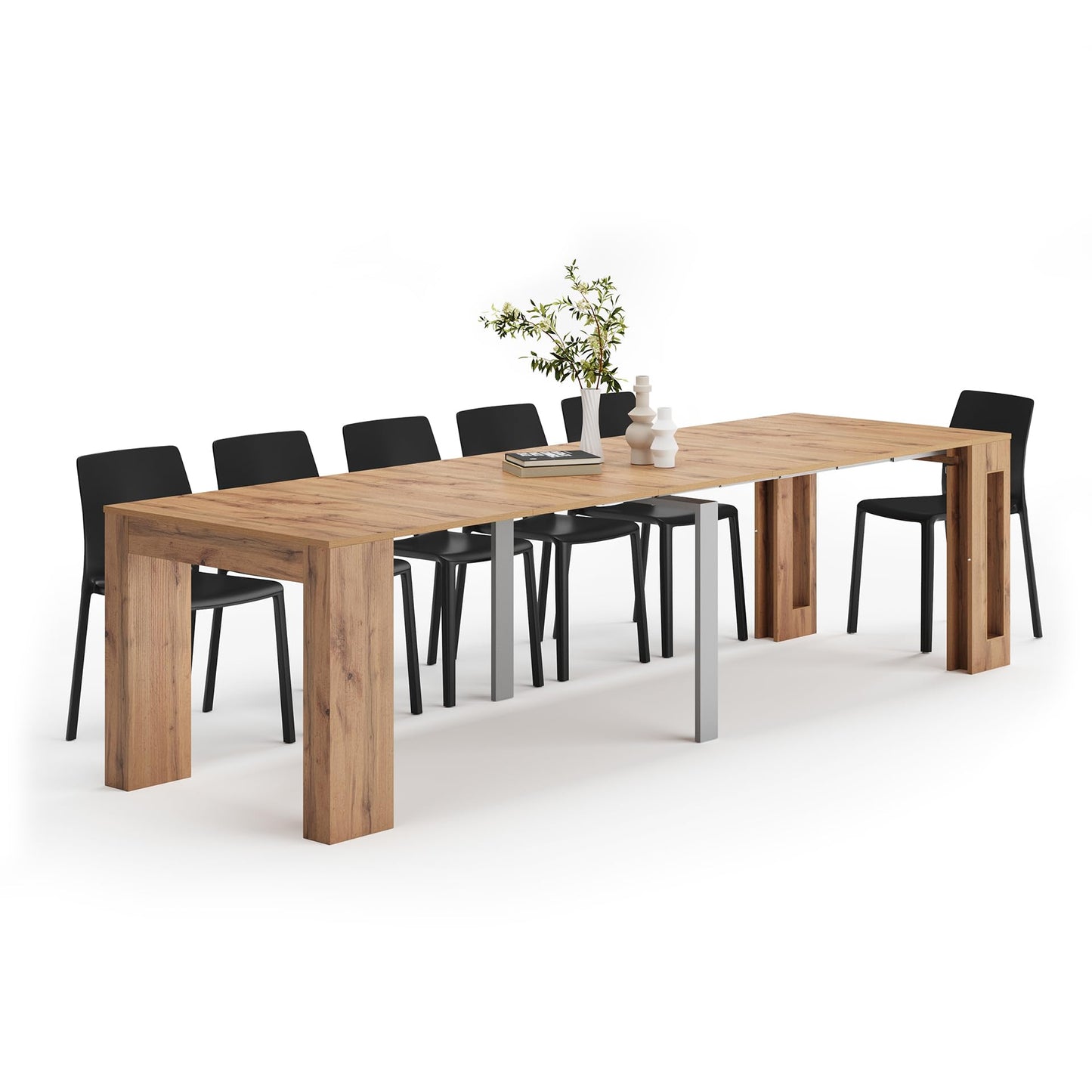 Mobili Fiver, Easy, Extendable Console Table with Extension Leaves Holder, 17.7(120.1) x35.4 in, Rustic Oak, for 4-12 People, Space Saving Dining Table for Entrance, Living Room, Italian Furniture