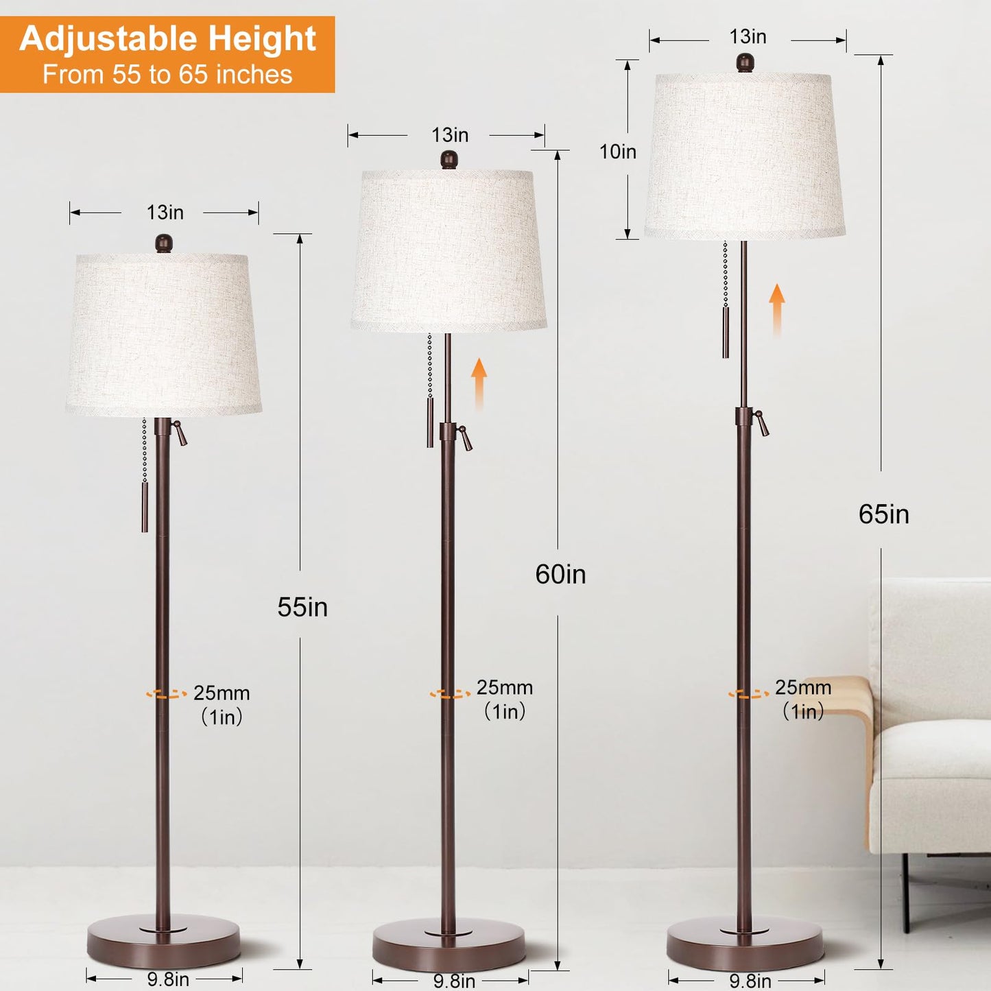 Floor Lamp for Living Room,Adjustable Height Standing Lamp,Dimmable Modern Floor Lamps for Bedroom Office Tall Floor Lights with Pull Chain Bulb Included-Silver Gray Shade
