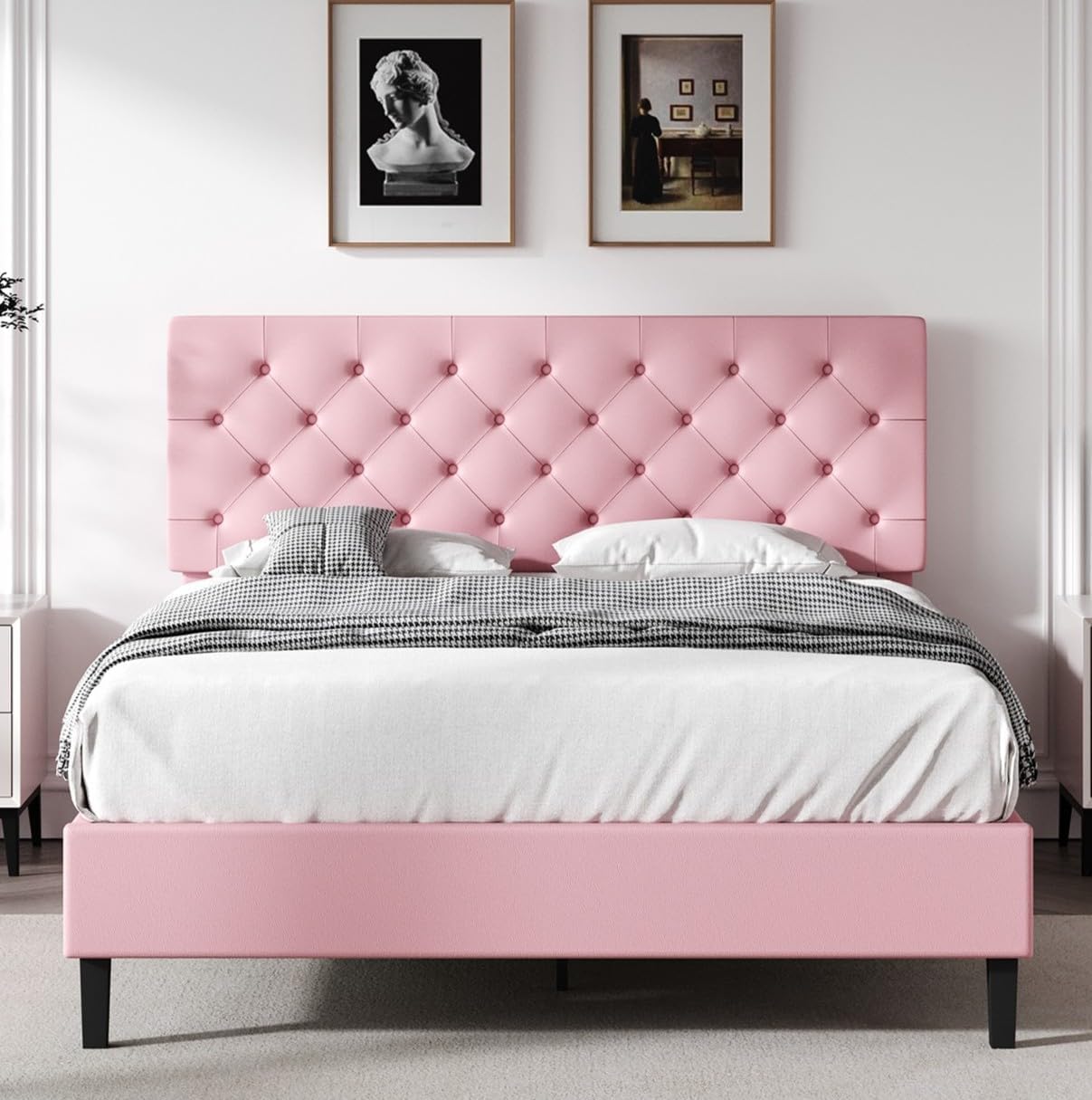 Queen Bed Frame with Headboard, Faux Leather Upholstered Platform Bed Frame, Blue Bed Frame Queen Size, Wooden Slat Support, No Box Spring Needed, Navy Blue