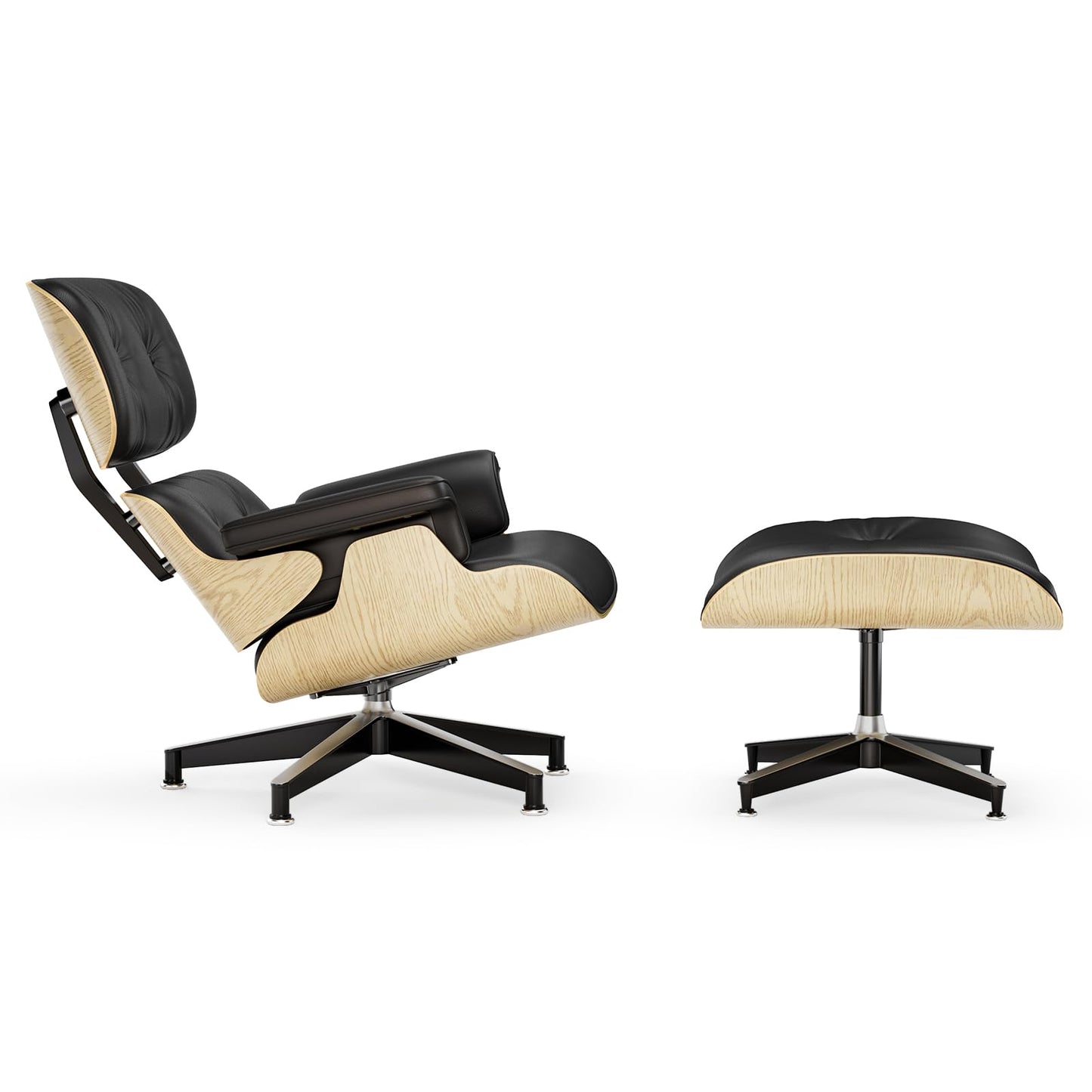 Top Black Grain Leather, Mid Century Chaise Lounge Chair and Ottoman, Modern Chair Classic Design, Walnut Wood, Heavy Duty Base Support for Living Room Office