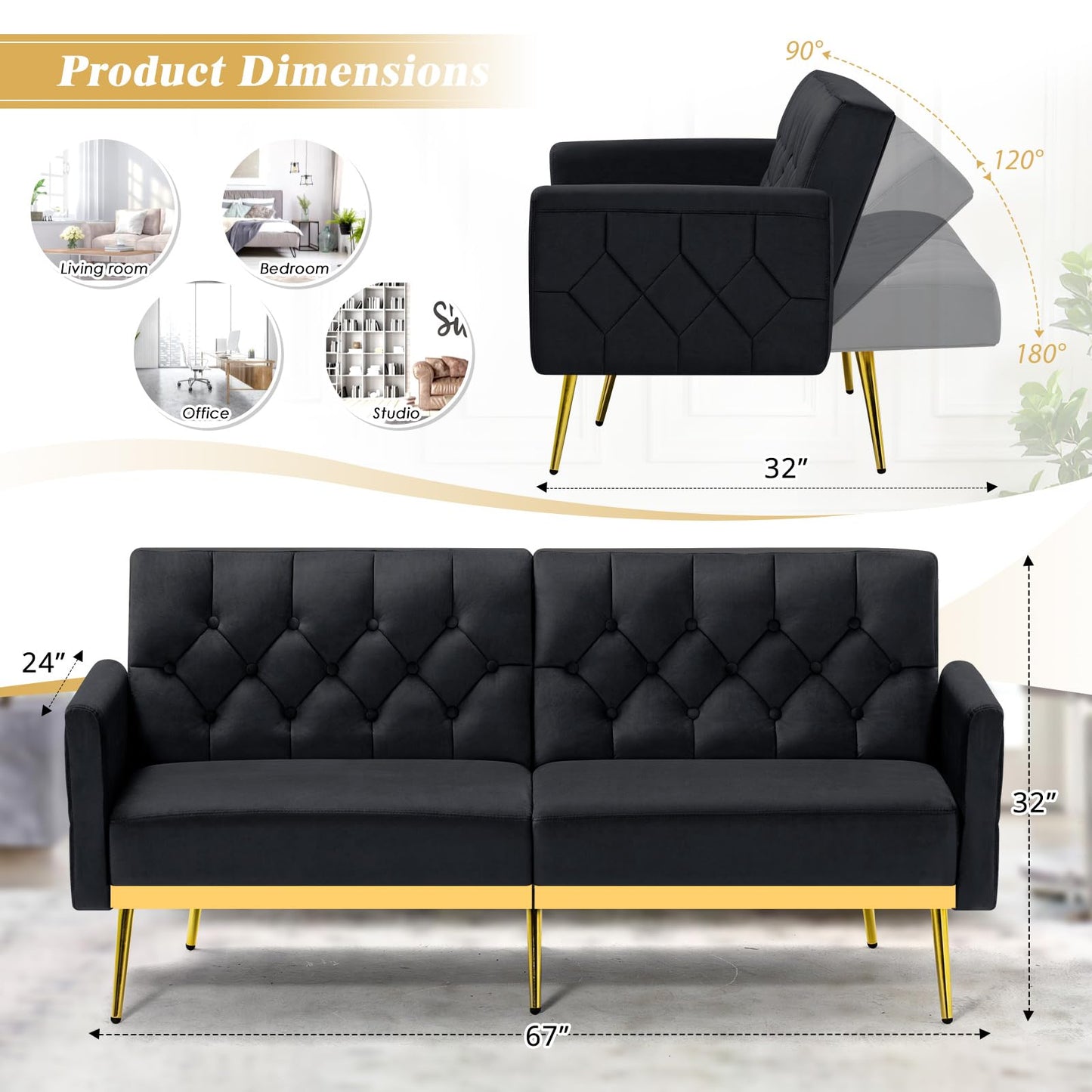 Velvet Sofa Bed w/Adjustable Armrests and Backrests, Modern Convertible Sleeper Sofa, Tufted Futon Sofa for Bedroom, Living Room, Apartment, Orange
