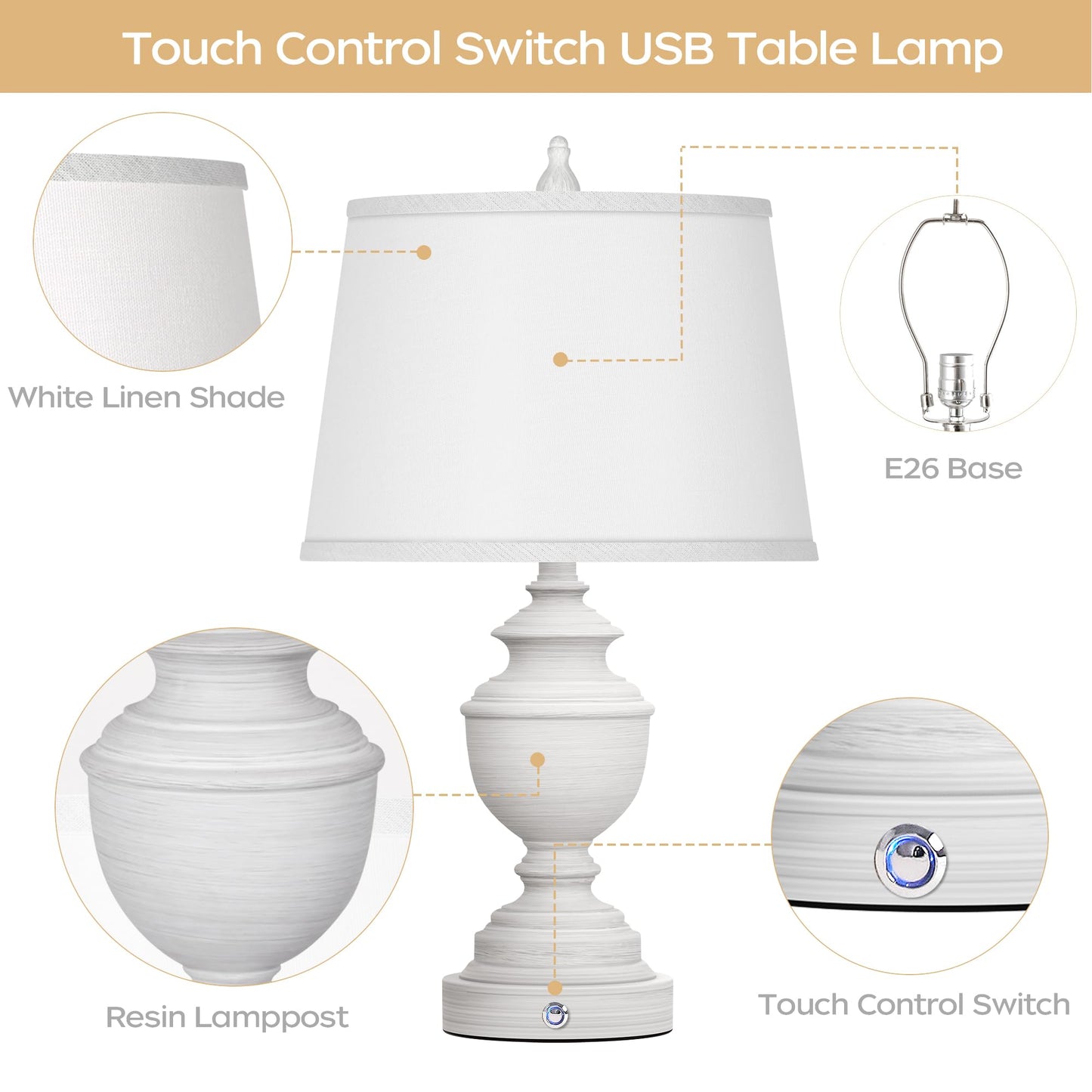 CeramicTable Lamps Set of 2 Lamps for Bedroom Living Room Office 26" Rotary Coastal Bedside Lamp for Nightstand with 2 USB Ports 3-Colors