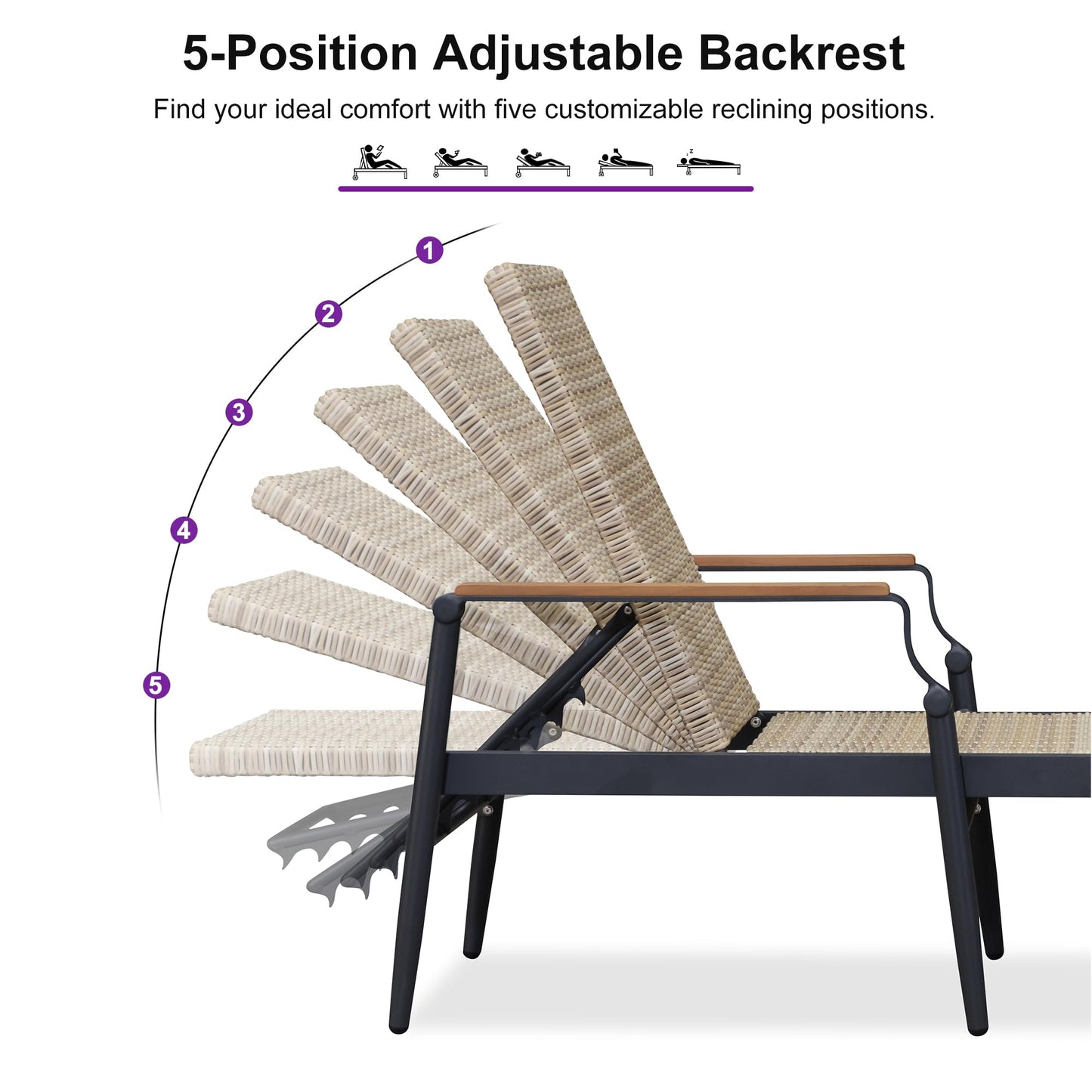 PURPLE LEAF Outdoor Chaise Lounge Chair Set of 2 Patio Pool Lounger Wicker Chairs with Wooden Armrest Sunbathing Tanning Recliner for Pool Backyard Garden Dark Brown