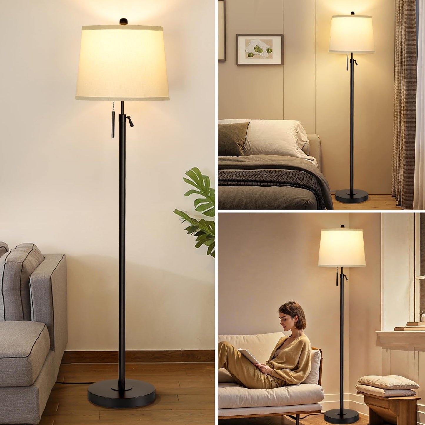 Floor Lamp for Living Room,Adjustable Height Standing Lamp,Dimmable Modern Floor Lamps for Bedroom Office Tall Floor Lights with Pull Chain Bulb Included-Silver Gray Shade