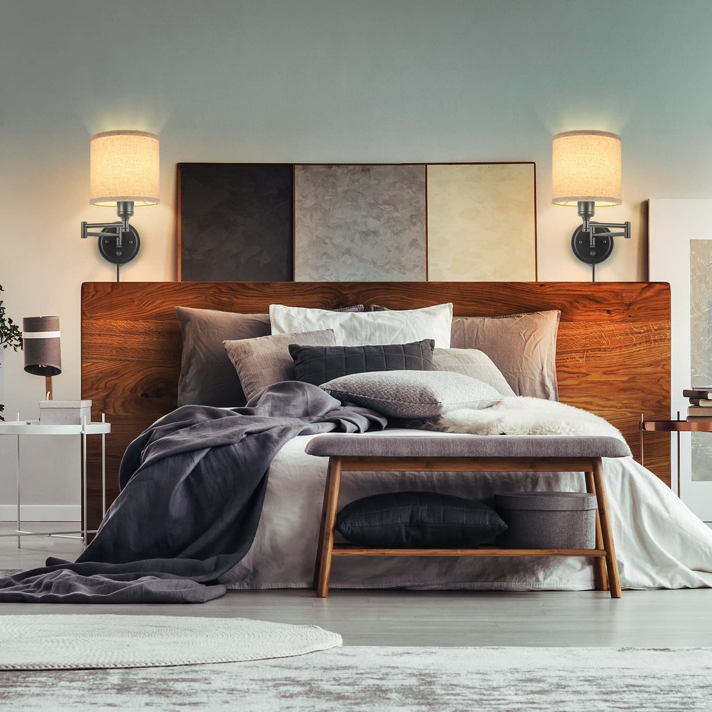 Plug in Wall Sconces with Remote Control, Dimming 10%-100% & Adjustable Colors 2700K-6500K, Hardwire or Plug-in, Swing Arm Wall Lamp with Linen Fabric Shade, Wall Sconces Set of Two, Black Finish