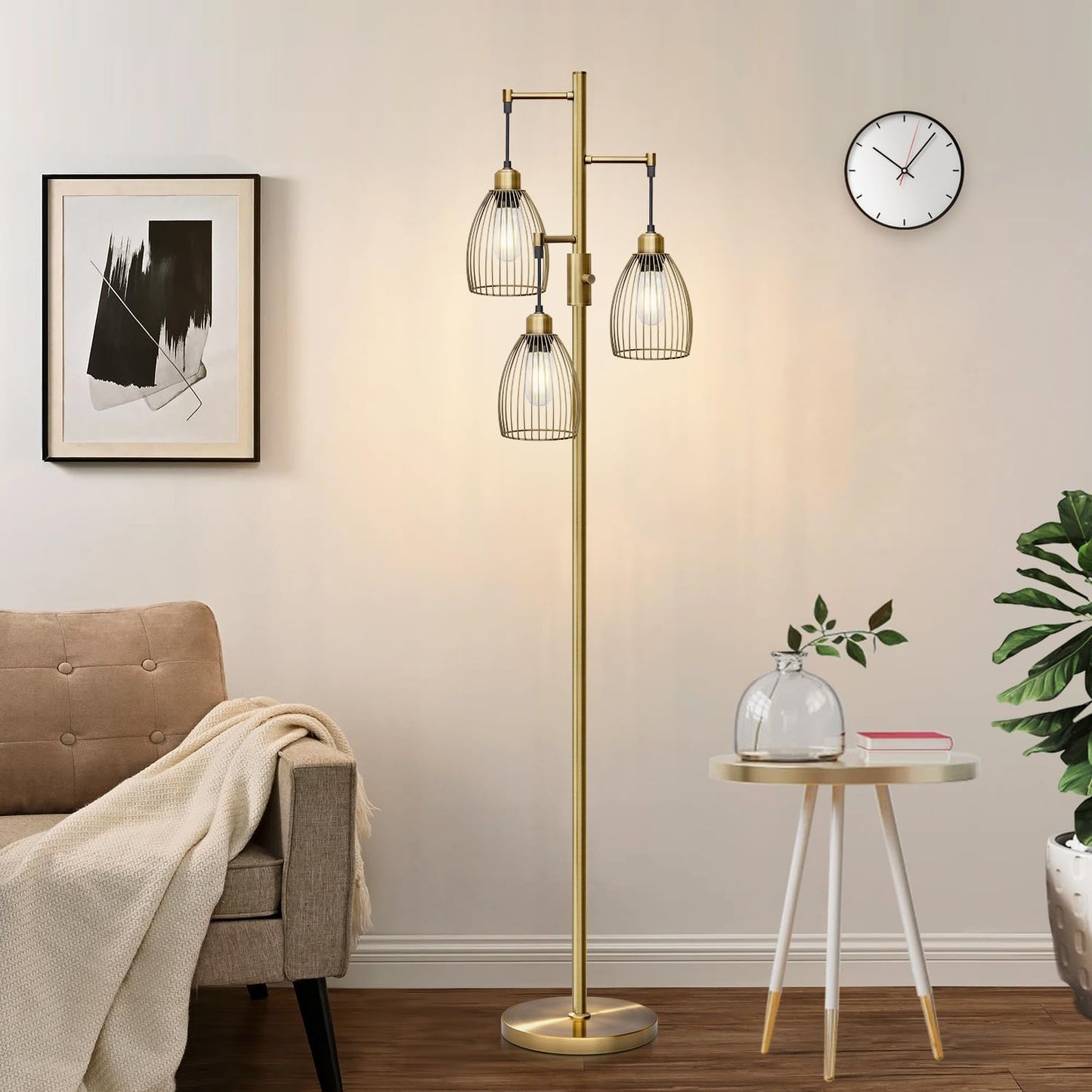Dimmable Floor Lamp, 3 x 800LM LED Edison Bulbs Included, Farmhouse Industrial Floor Lamp Standing Tree Lamp with Elegant Teardrop Cage Tall Lamps for Living Room Bedroom Office Dining Room-Black
