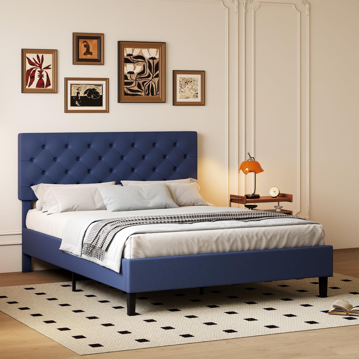 Queen Bed Frame with Headboard, Faux Leather Upholstered Platform Bed Frame, Blue Bed Frame Queen Size, Wooden Slat Support, No Box Spring Needed, Navy Blue
