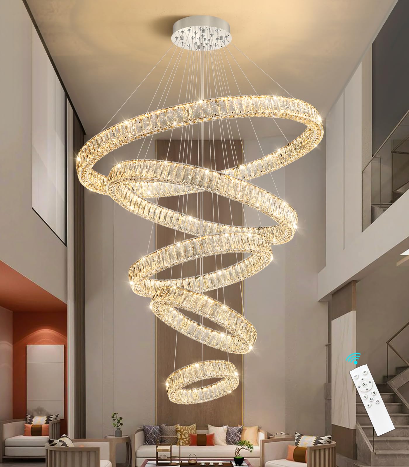 Modern Crystal Chandelier Dimmable LED Ring Pendant Lights Adjustable Glam Chandeliers Lighting Fixtures for Dining Room Living Room Bedroom Silver Light