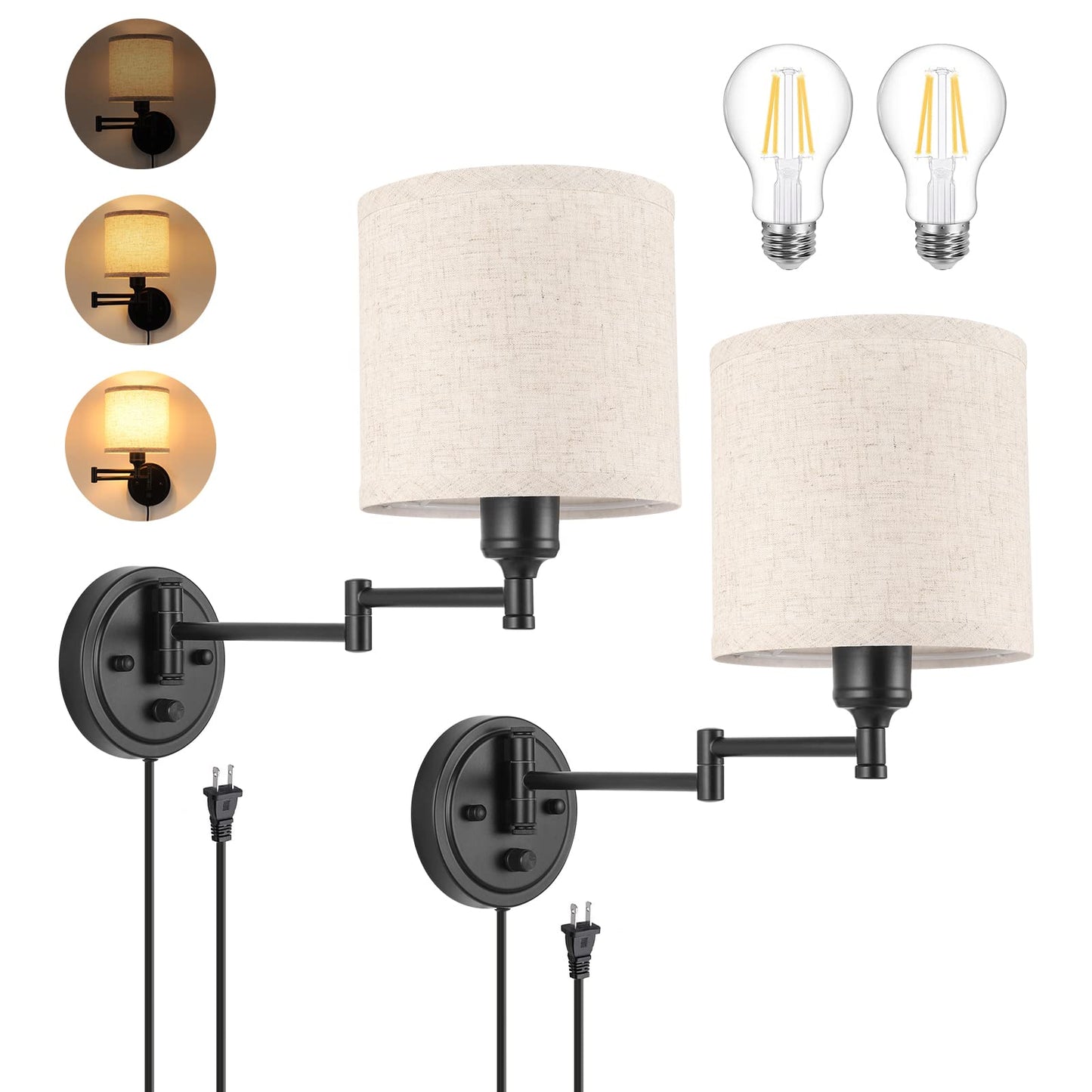 Plug in Wall Sconces with Remote Control, Dimming 10%-100% & Adjustable Colors 2700K-6500K, Hardwire or Plug-in, Swing Arm Wall Lamp with Linen Fabric Shade, Wall Sconces Set of Two, Black Finish