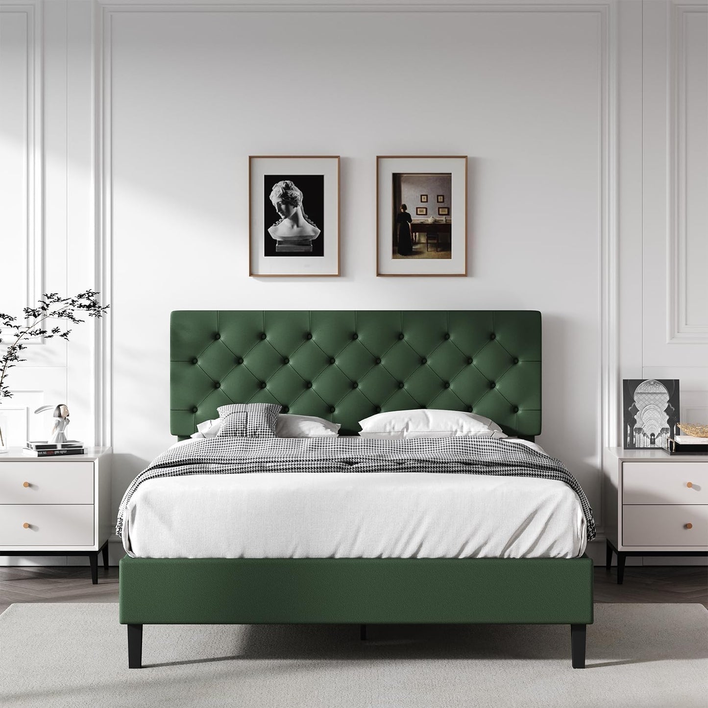 Queen Bed Frame with Headboard, Faux Leather Upholstered Platform Bed Frame, Blue Bed Frame Queen Size, Wooden Slat Support, No Box Spring Needed, Navy Blue