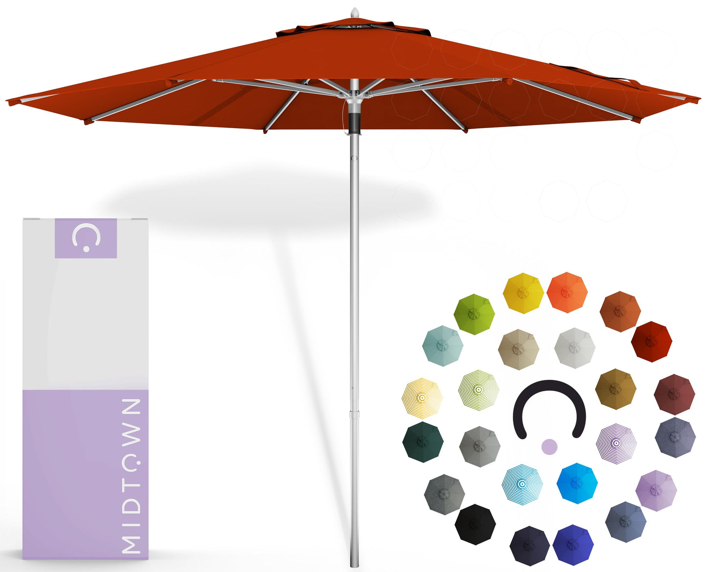 Midtown Umbrellas Push and Pop 9 Feet Outdoor Umbrella With Terylast Black/White Stripes Polyester Fabric - Fiberglass Ribs Deck Patio, Backyard, Garden & Pool - Silver Pole