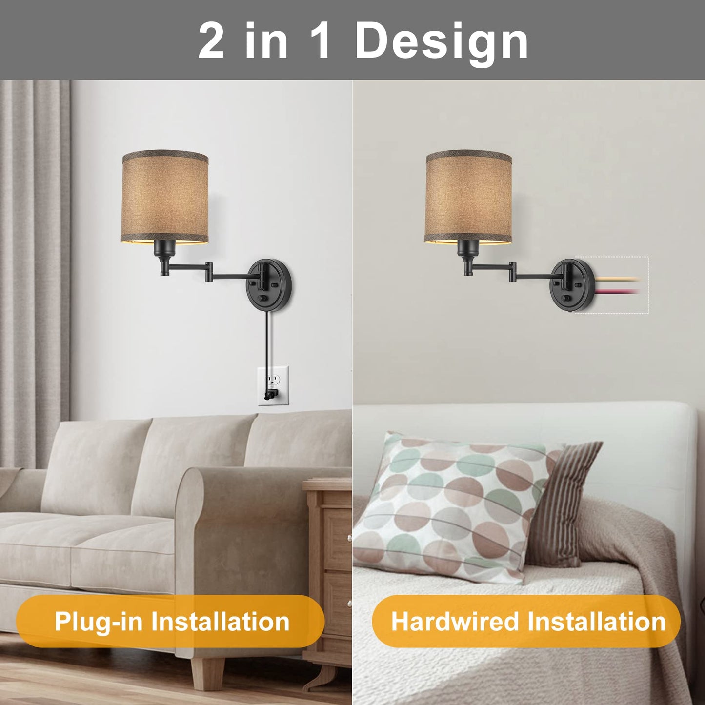 Plug in Wall Sconces with Remote Control, Dimming 10%-100% & Adjustable Colors 2700K-6500K, Hardwire or Plug-in, Swing Arm Wall Lamp with Linen Fabric Shade, Wall Sconces Set of Two, Black Finish