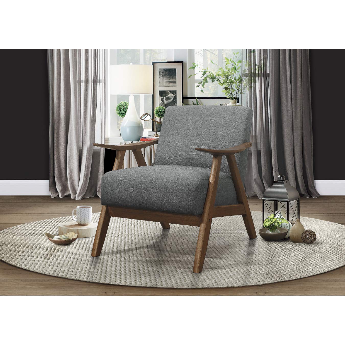 Lexicon Mid Century Modern Accent Chair with Solid Wood Frame in Walnut Finish, Upholstered Living Room Lounge Arm Chair, Thick and Comfy Innerspring Seat Cushion, Linen-Look Fabric, Gray
