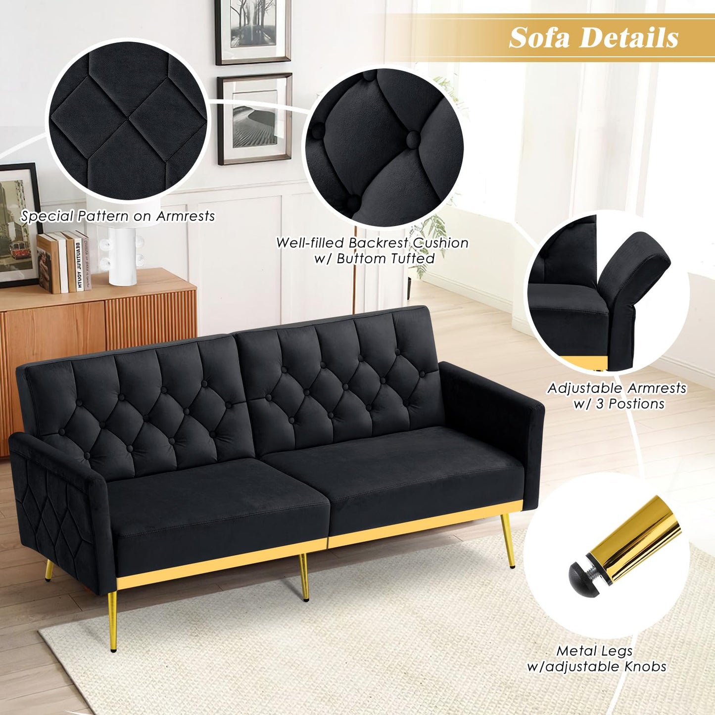 Velvet Sofa Bed w/Adjustable Armrests and Backrests, Modern Convertible Sleeper Sofa, Tufted Futon Sofa for Bedroom, Living Room, Apartment, Orange