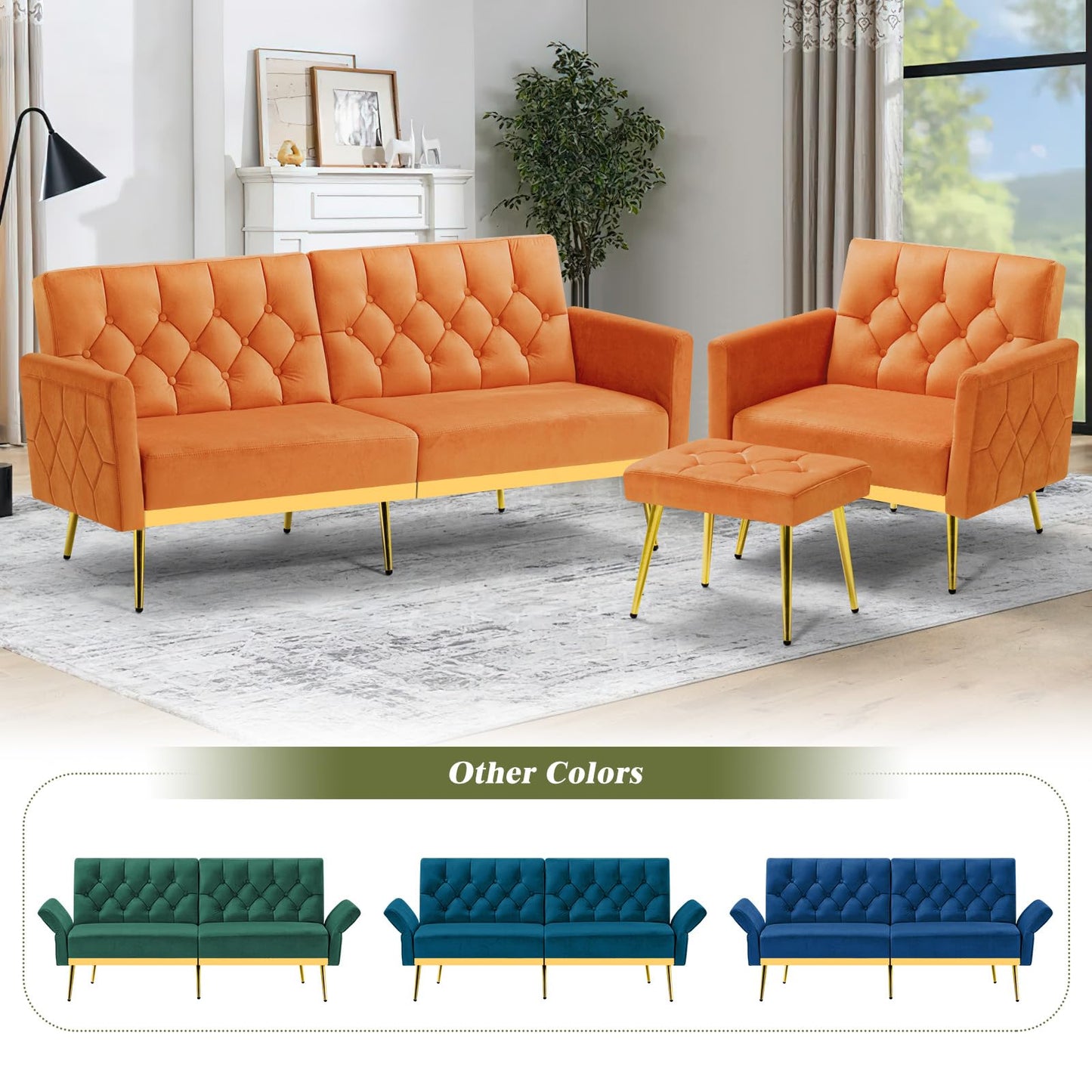 Velvet Sofa Bed w/Adjustable Armrests and Backrests, Modern Convertible Sleeper Sofa, Tufted Futon Sofa for Bedroom, Living Room, Apartment, Orange